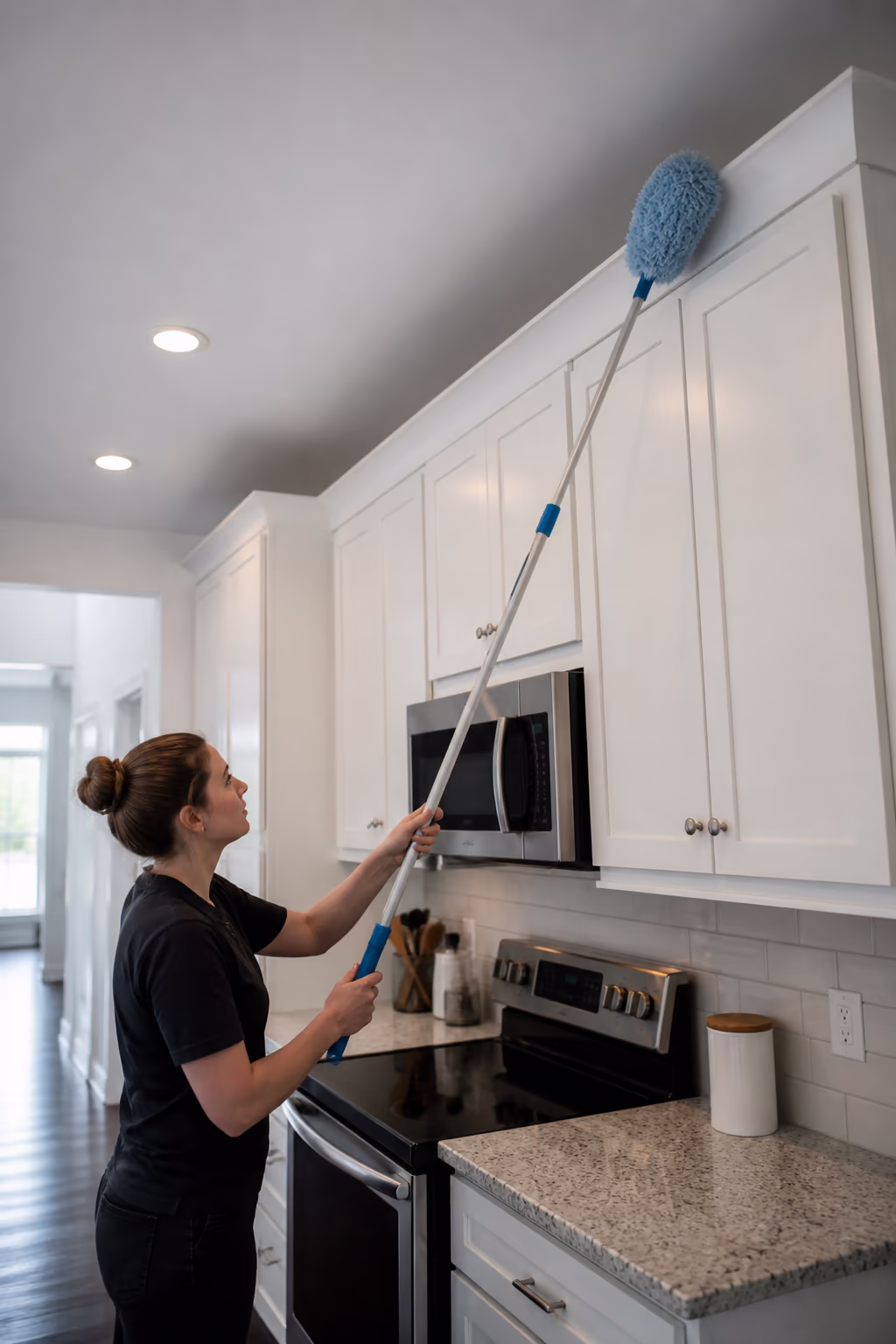 A professional cleaner using a telescoping high-reach duster to wipe the top of a tall kitchen cabinet in an Ottawa home.