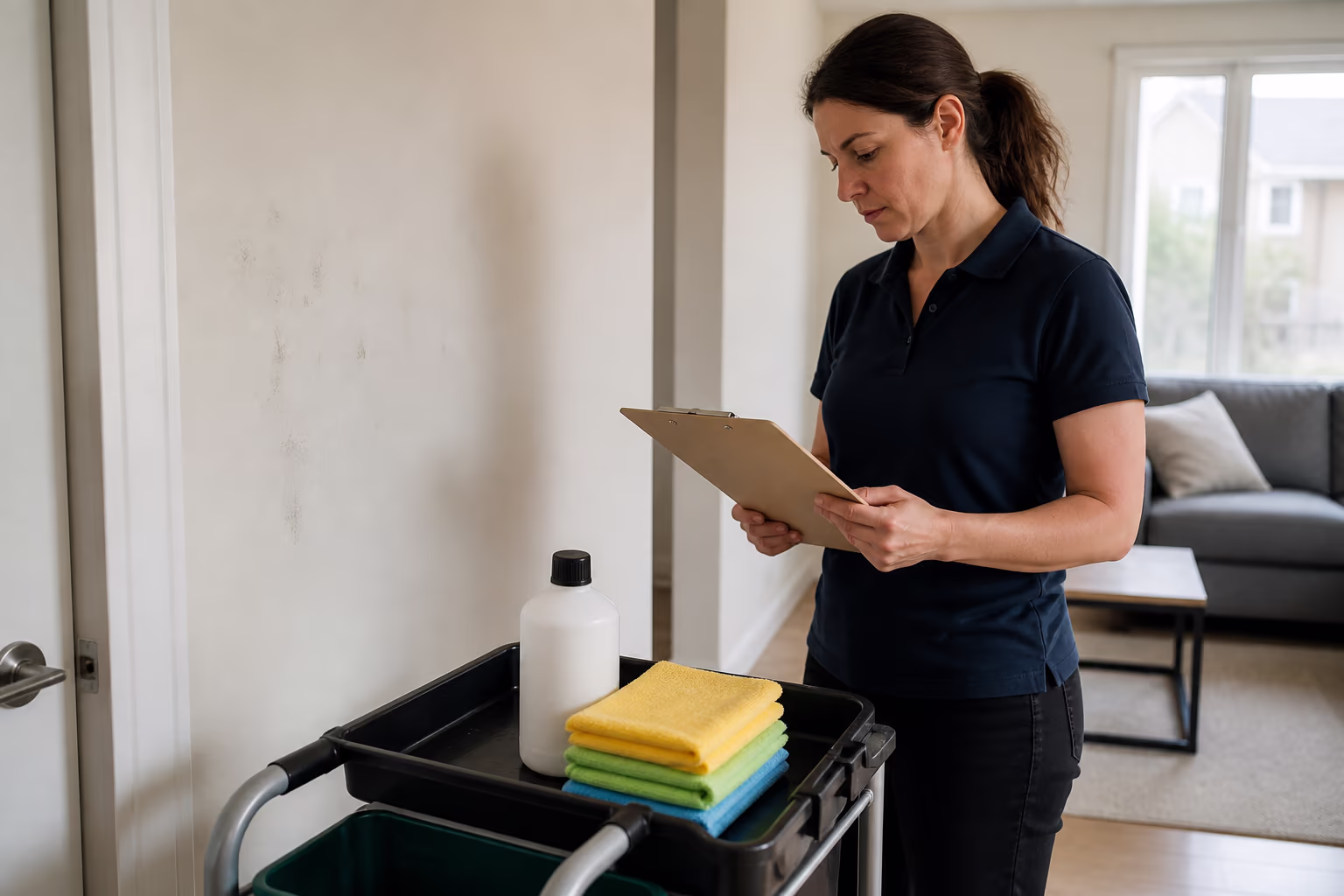 Cleaning technicians reviewing a wall-washing checklist beside a caddy of microfibre cloths and pH-neutral cleaner before a residential clean in Ottawa.