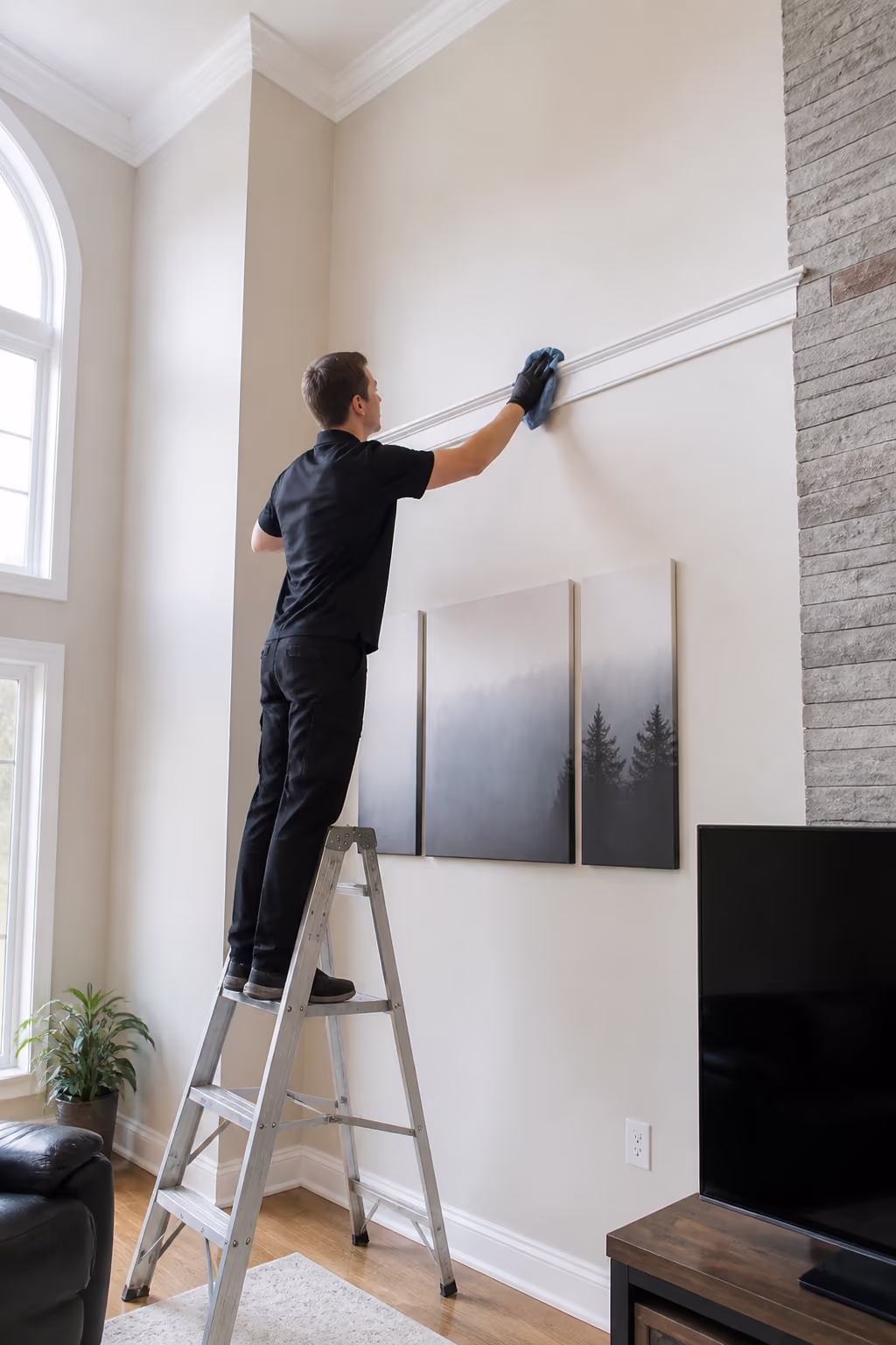 A professional cleaner on a sturdy step ladder reaching a tall wall in a high-ceiling Ottawa living room, wiping above a picture rail with a microfibre cloth.