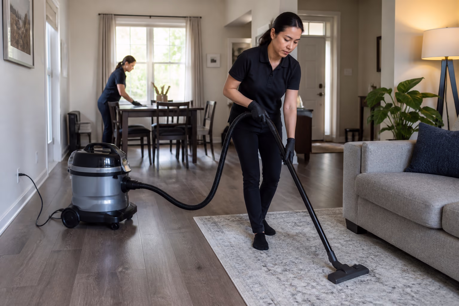 Two professional cleaners in matching uniform vacuuming a bright Ottawa living room during a scheduled recurring home clean, the reliable service behind an affordable quote.