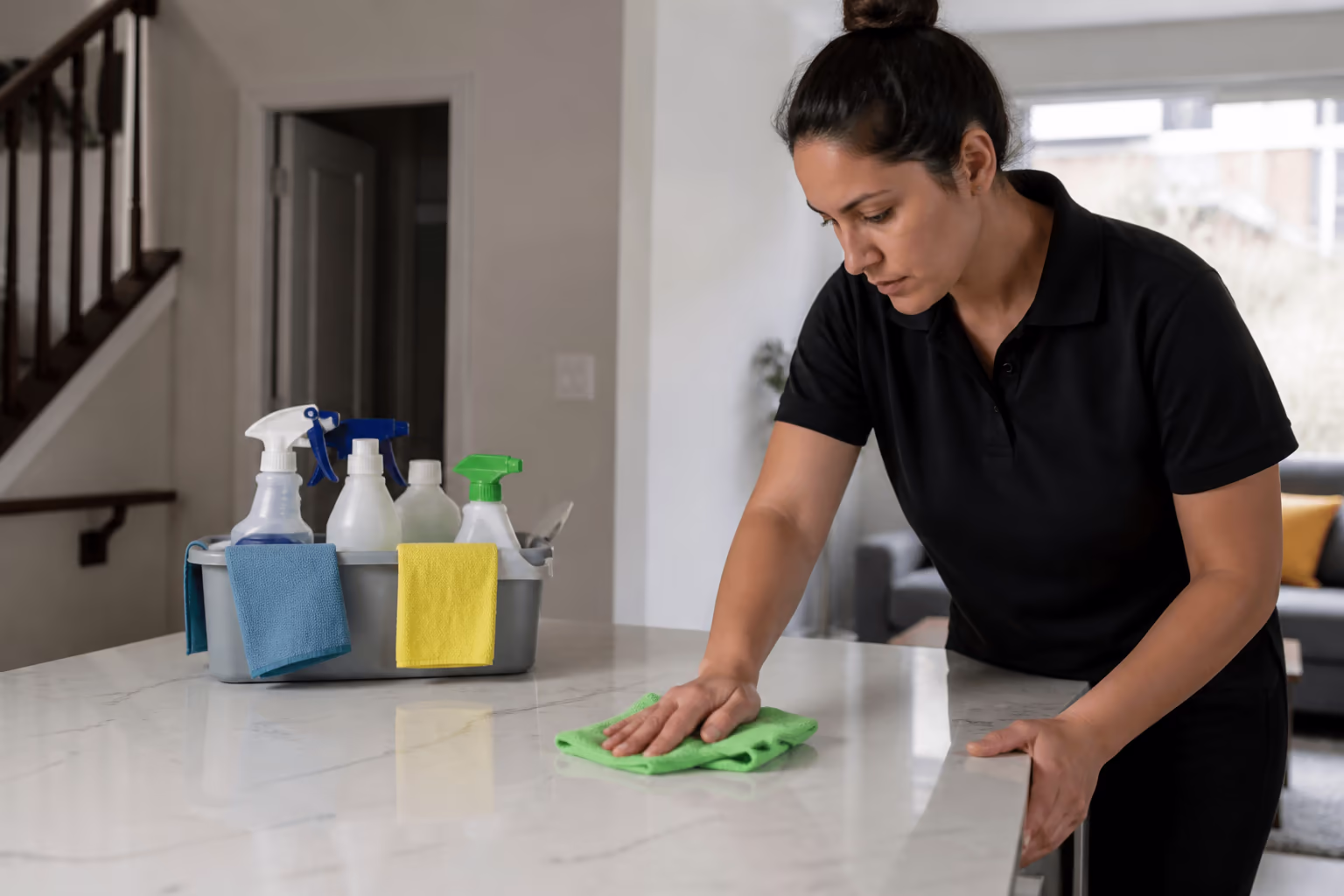Cleaning technicians arranging a colour-coded supply caddy of non-toxic bottles and microfibre cloths before a residential clean across Nepean.