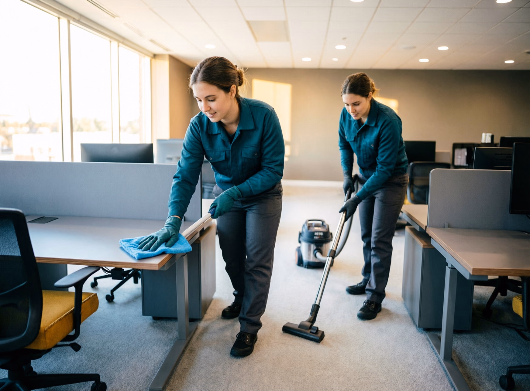 Two cleaners servicing an open-plan office, wiping desks and vacuuming the carpet between rows of workstations.