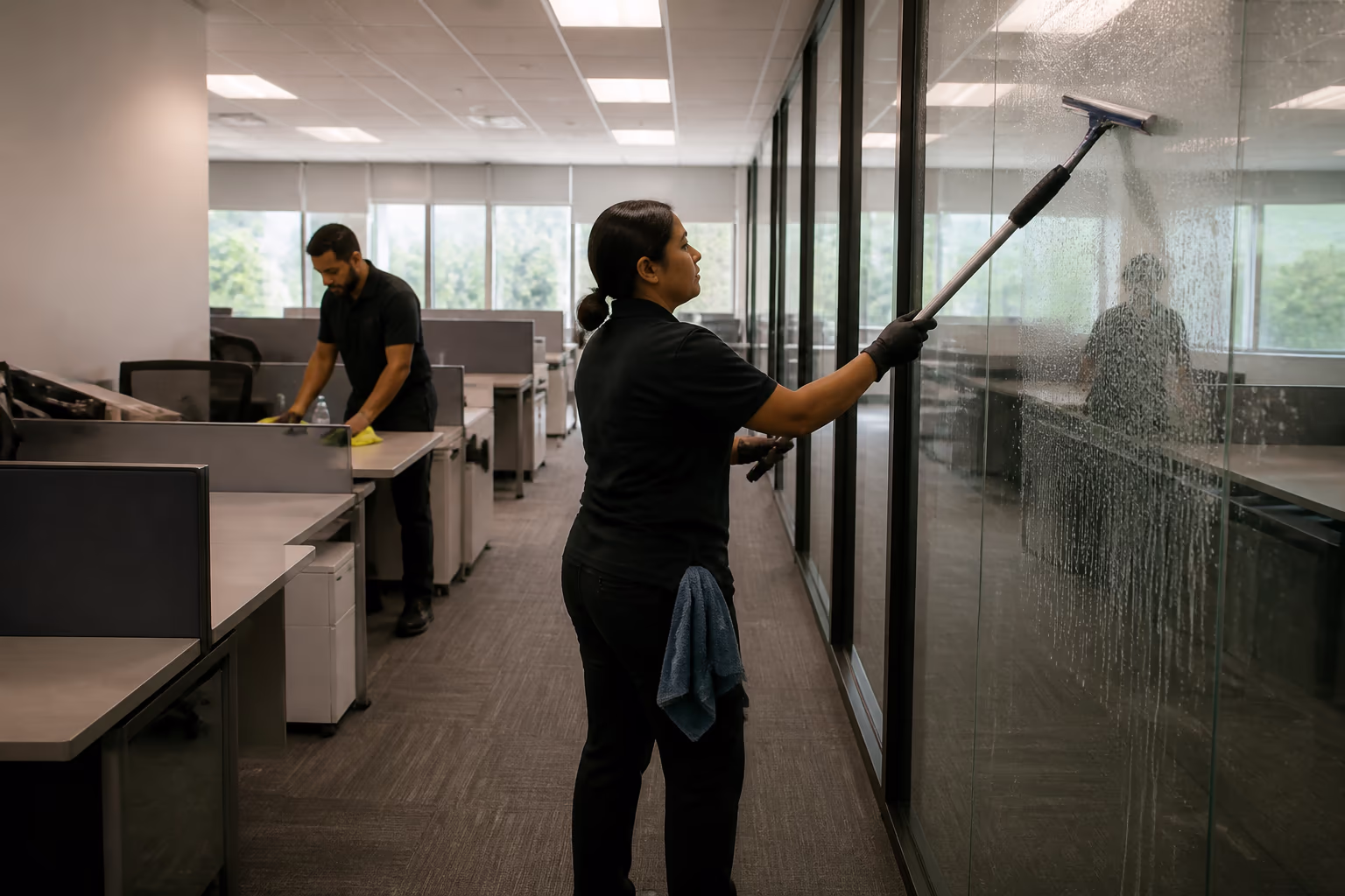 Two commercial cleaners servicing an open-plan Ottawa office, one wiping shared desks with a microfibre cloth while the other guides a floor-care machine between the glass wall and workstation rows.