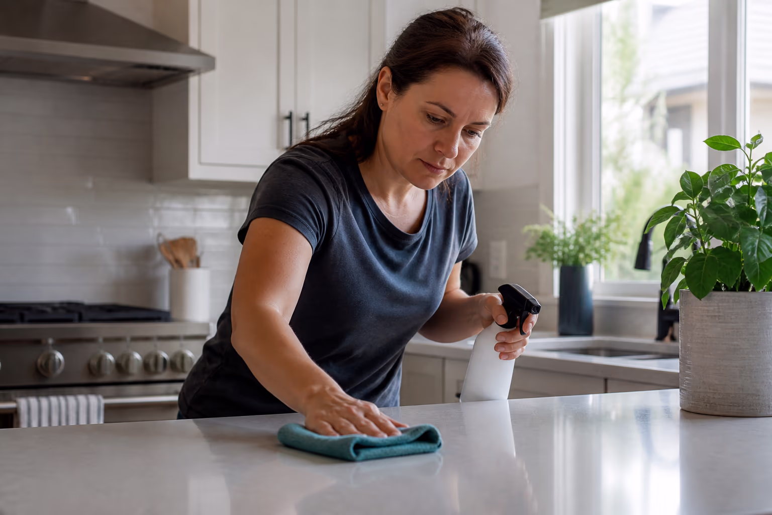 A professional cleaner in a bright kitchen spraying a plant-based surface cleaner from a trigger bottle onto a countertop, with microfibre cloths nearby.