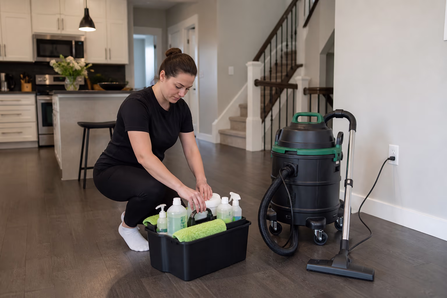 A cleaning technician arranging a caddy of green cleaning concentrates, microfibre cloths and a sealed HEPA vacuum for a residential cleaning visit in Ottawa.