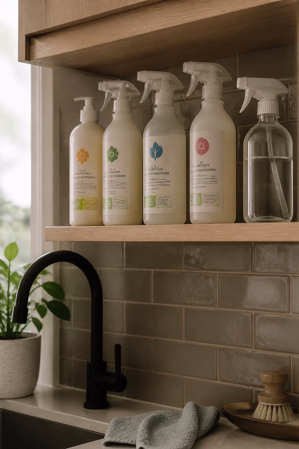 A neat row of EcoLogo-certified plant-based cleaner bottles beside a refillable glass spray bottle on an Ottawa kitchen shelf, ready for a non-toxic weekly clean.