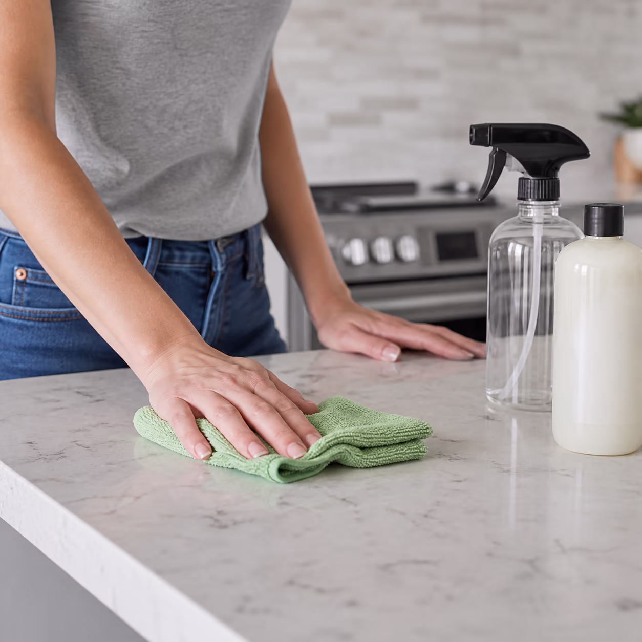 A close view of an EcoLogo-certified plant-based surface cleaner bottle beside a refillable spray trigger and a microfibre cloth on an Ottawa kitchen counter.