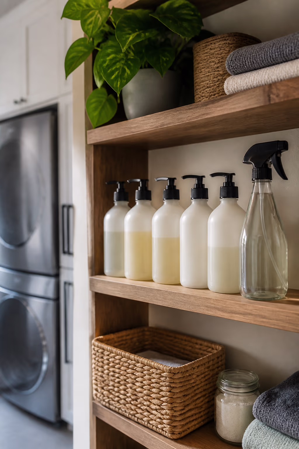 A neatly stocked shelf of concentrated EcoLogo-certified cleaner bottles with one reusable glass spray bottle, showing how concentrated formulas stretch further than ready-to-use sprays.