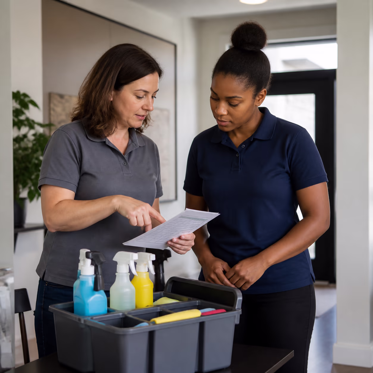 A trainer walking a new cleaner through a colour-coded supply caddy and a printed checklist during an onboarding session in a bright Ottawa office.