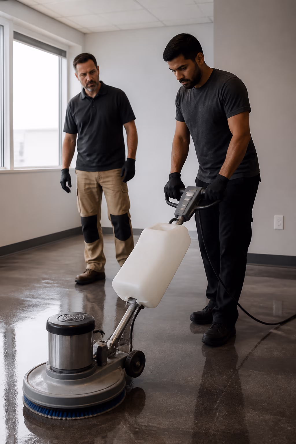 A cleaner practising a hard-floor strip and wax procedure with a floor buffer under the guidance of an experienced team lead.