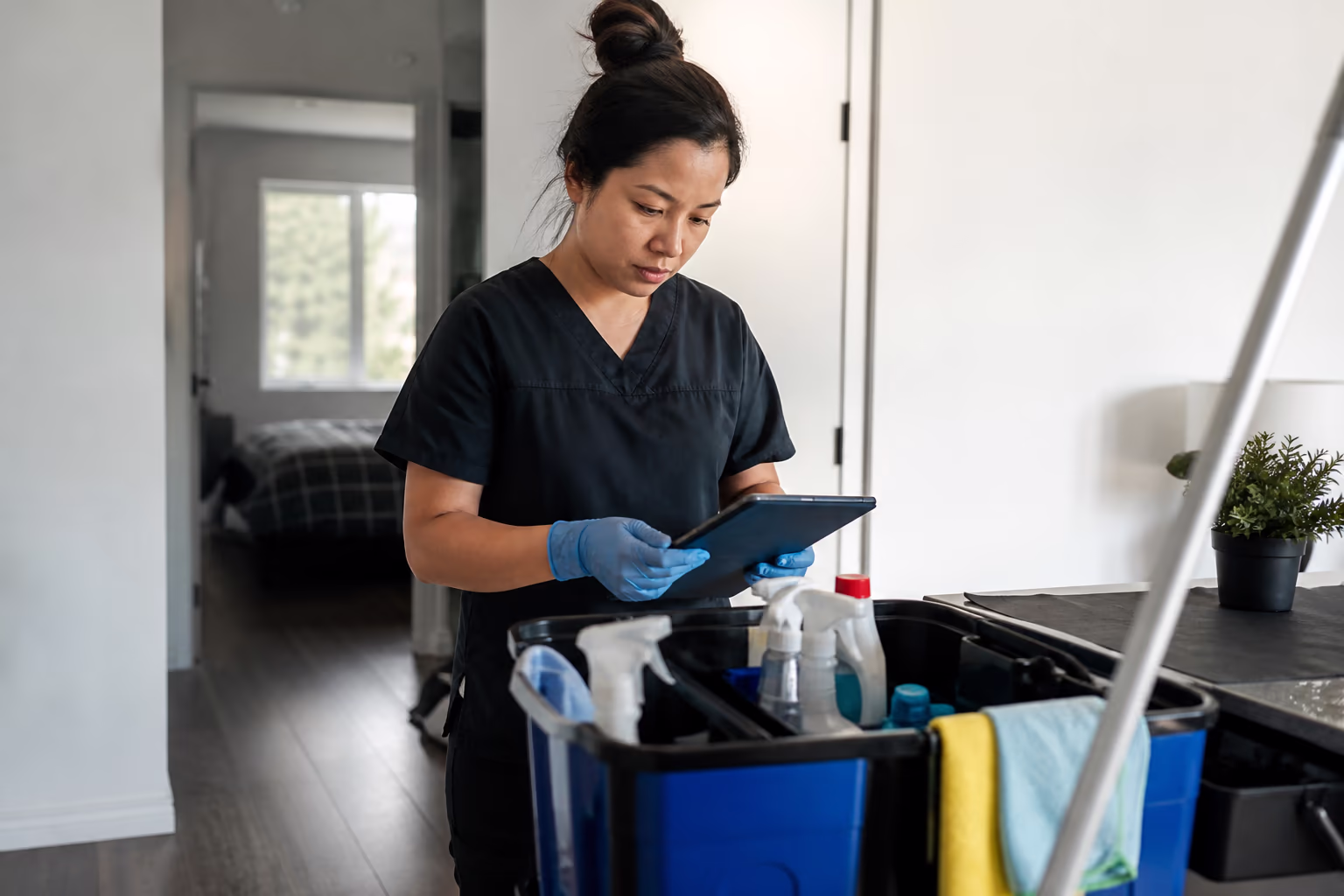 Cleaning technicians reviewing a colour-coded supply caddy and a digital inspection checklist before a commercial cleaning visit in Ottawa.