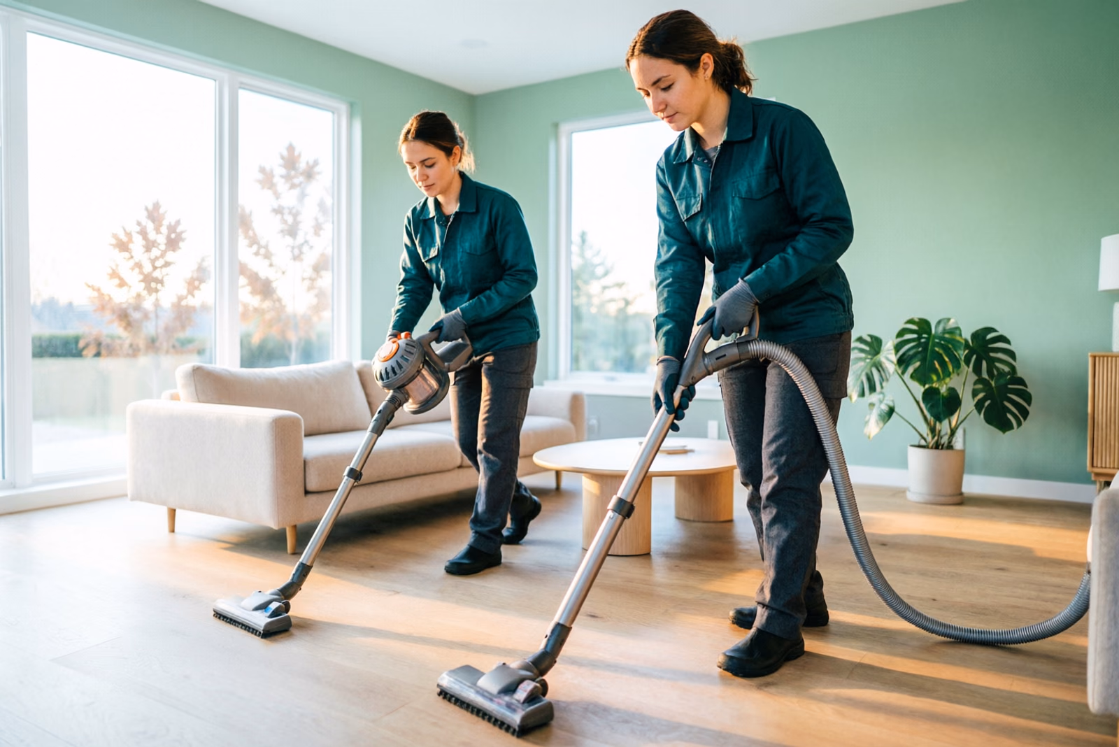 Two professional cleaners vacuuming a bright, uncluttered living room with clear surfaces during a residential clean in Ottawa.