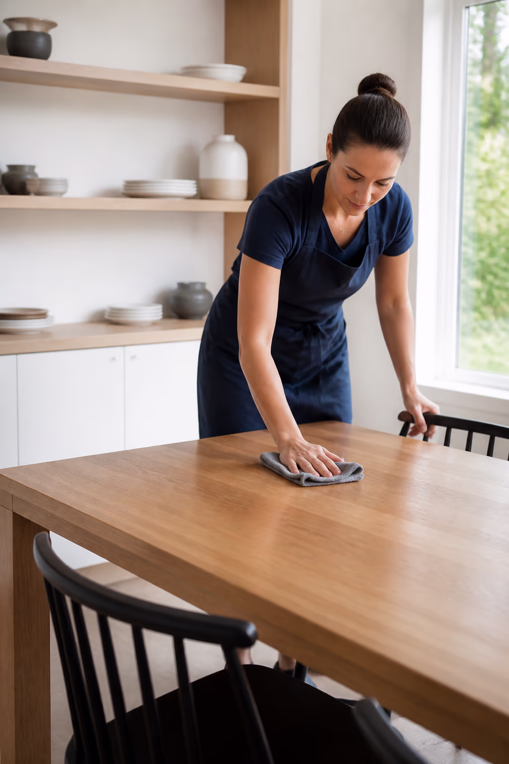 A professional cleaner in an apron wiping a minimalist dining table and open shelving during a deep clean of a decluttered Ottawa home.