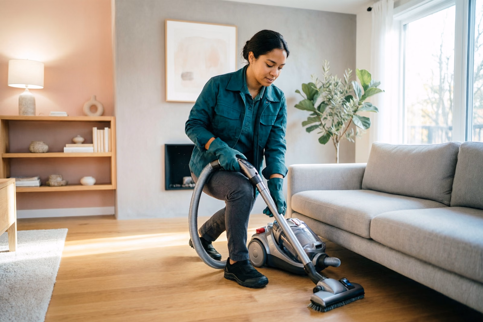 Cleaning technicians with a supply caddy and HEPA vacuum in a streamlined, organized living room, focusing on deep sanitation rather than tidying clutter in an Ottawa home.