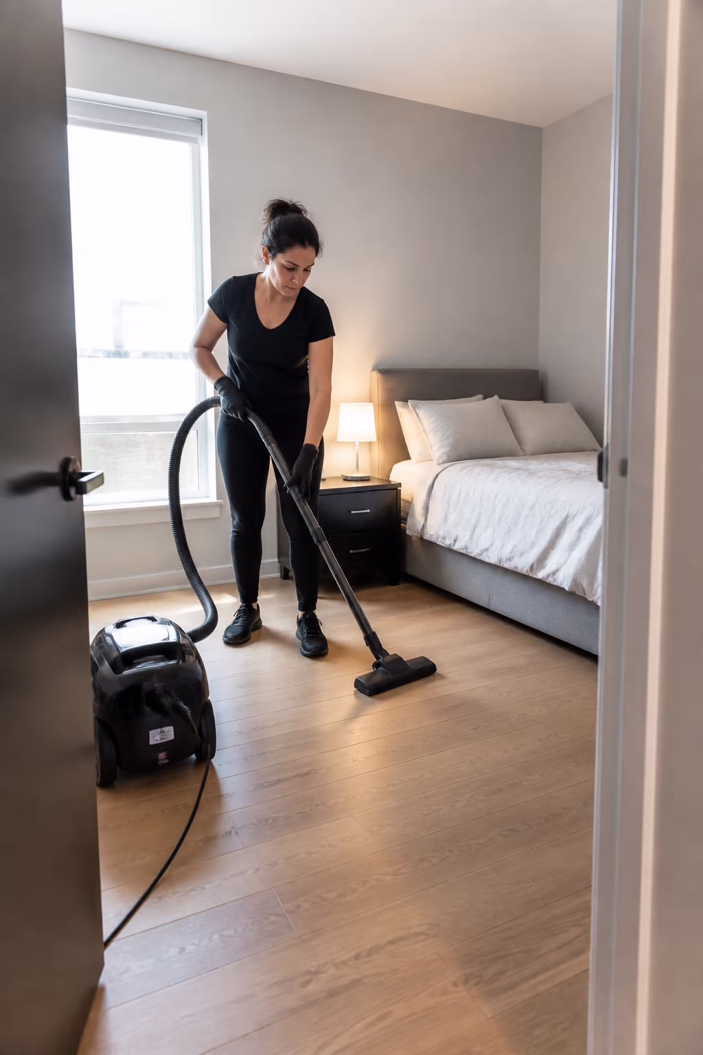 A tidy minimalist bedroom in an Ottawa home with clear nightstands and open floors, showing how a decluttered space is quick to vacuum and dust.