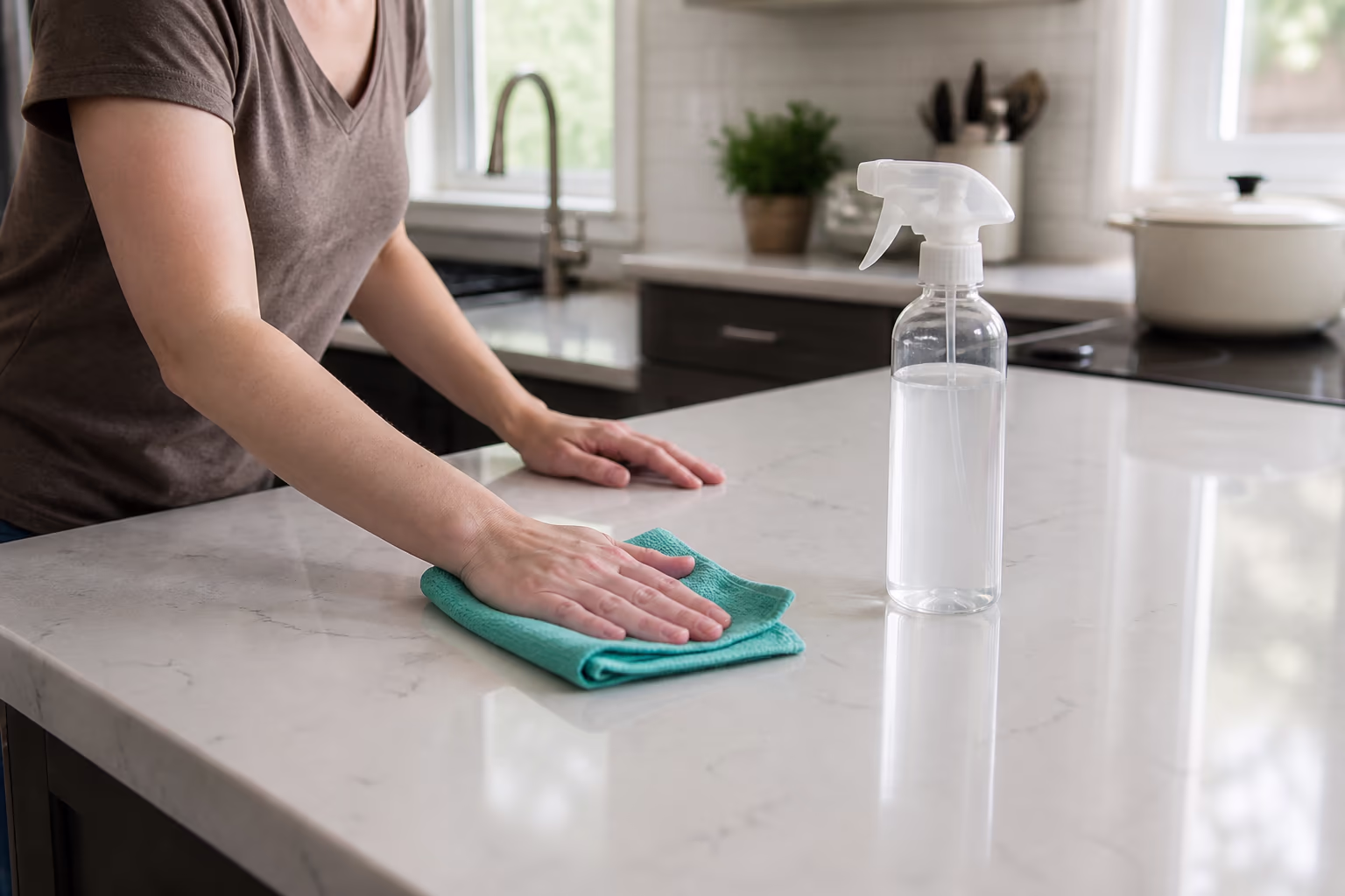A spray bottle and folded microfibre cloths resting on a quartz countertop in a bright Ottawa kitchen, the tools behind surface-safe all-purpose cleaning.
