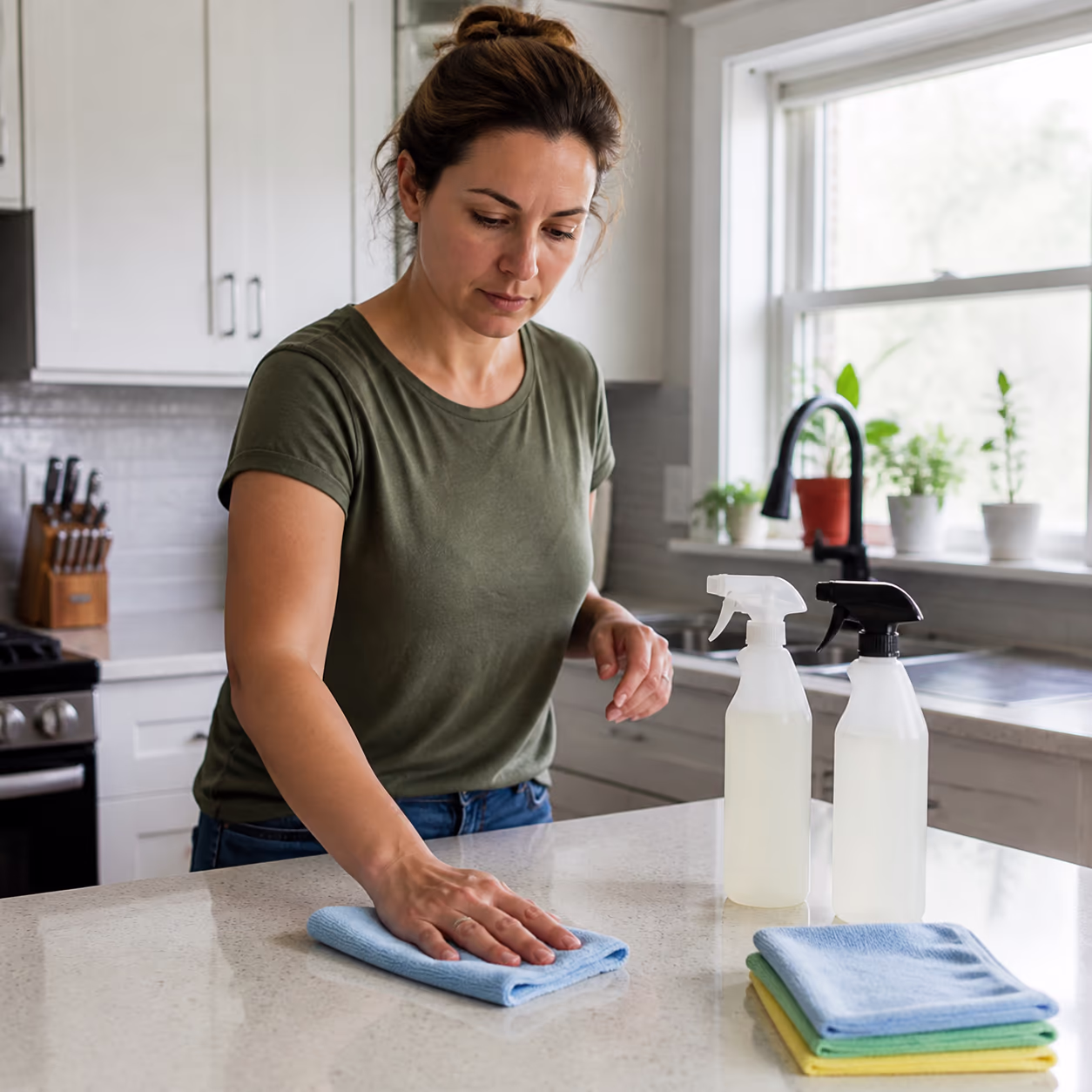 A cleaner in a bright Ottawa kitchen choosing between pH-neutral and degreasing all-purpose spray bottles beside a quartz countertop and folded microfibre cloths.