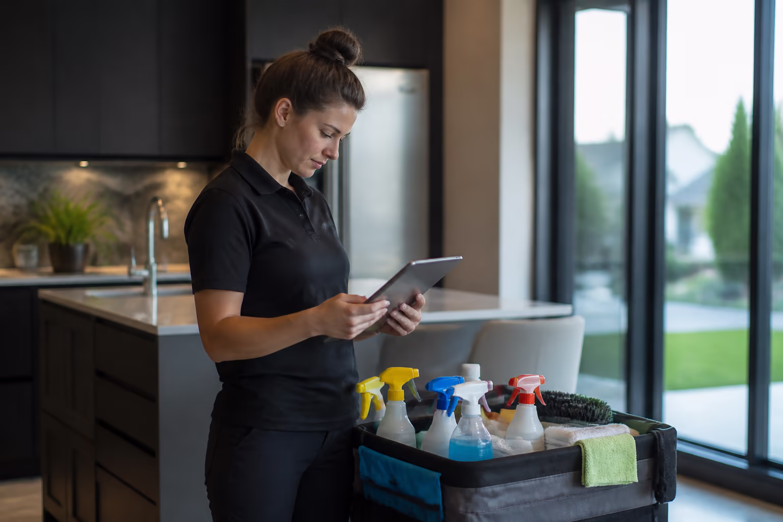 Cleaning technicians reviewing a digital cleaning checklist beside a colour-coded supply caddy before an after-hours commercial clean in Ottawa.