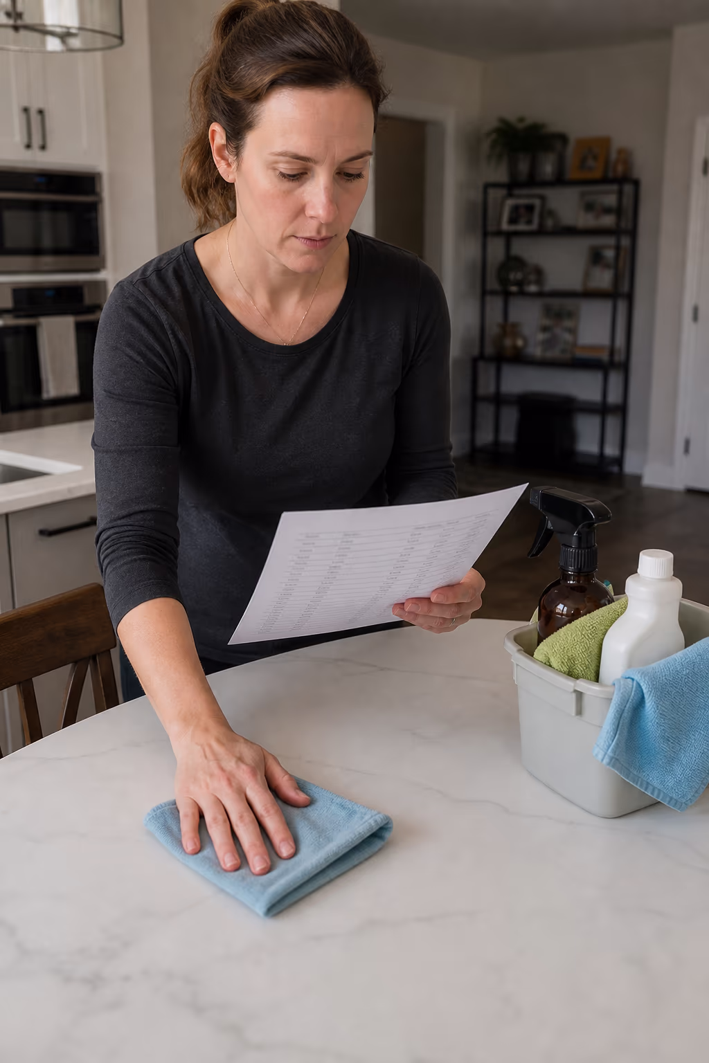 A homeowner reviewing a written cleaning scope and quote at a kitchen table, with a caddy of cloths and eco-friendly cleaner bottles nearby in an Ottawa home.