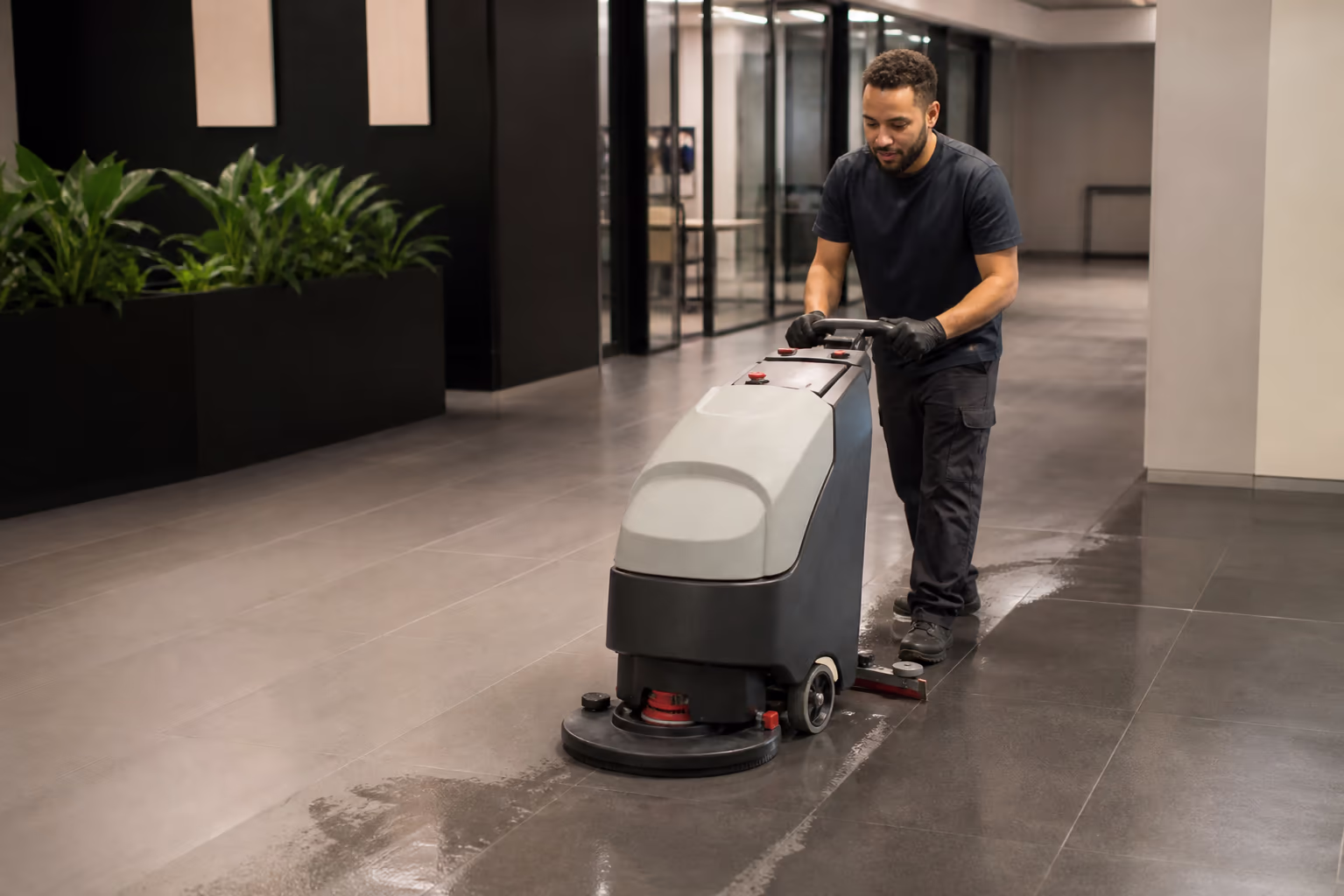 Two cleaning technicians in matching uniforms servicing an open-plan office after hours, one wiping a desk and one operating a floor scrubber, in bright commercial light.