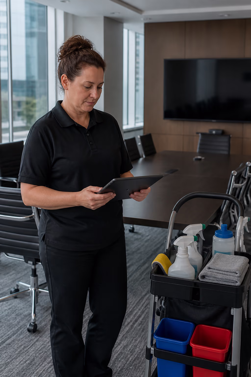 A close portrait of an account manager holding a tablet with a cleaning inspection checklist beside a colour-coded janitorial supply cart in a modern Ottawa boardroom.