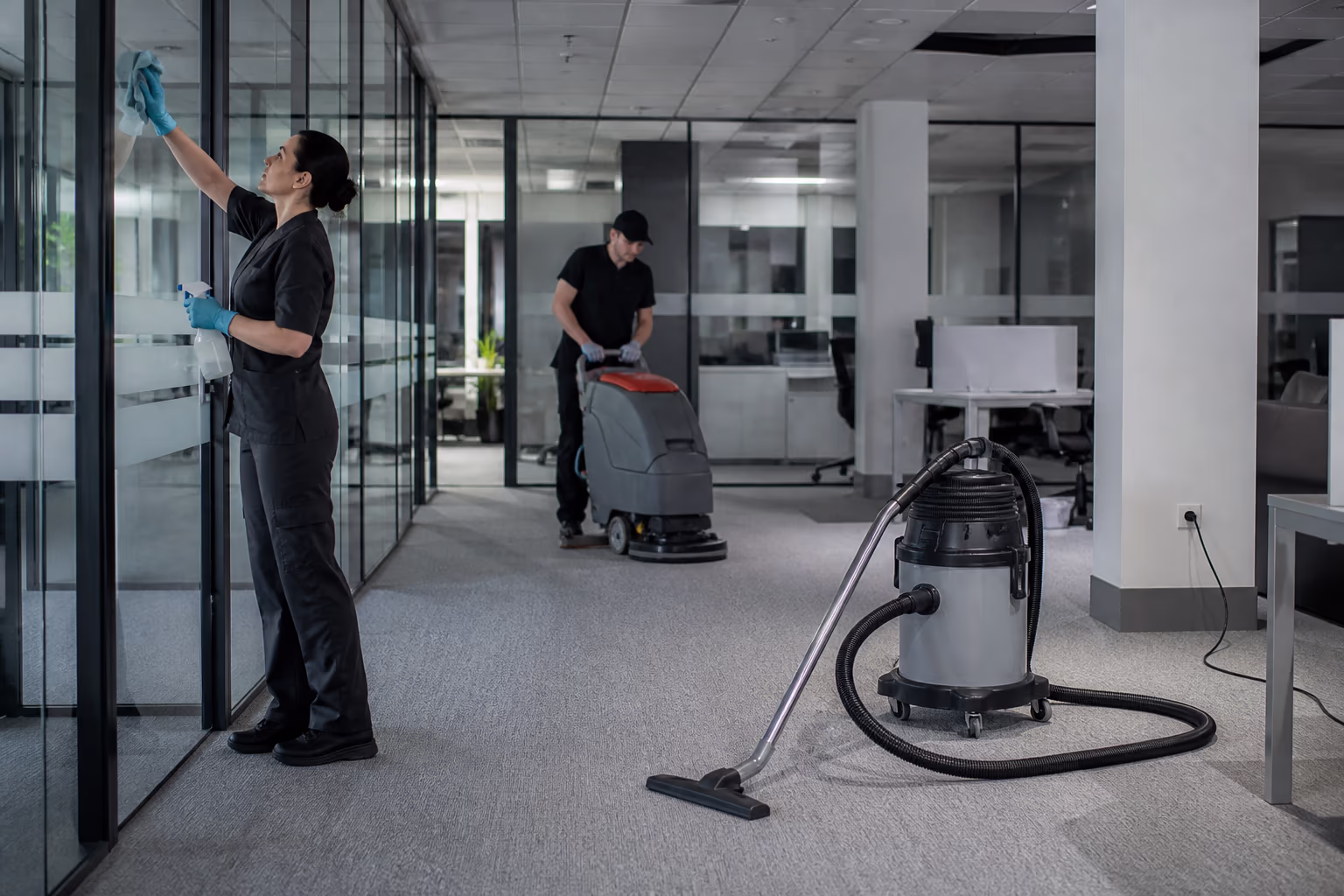 A wide view of a cleaning crew running an after-hours janitorial programme across an open-plan Ottawa office: an auto-scrubber on the floor, a HEPA backpack vacuum, and a technician wiping a glass partition.