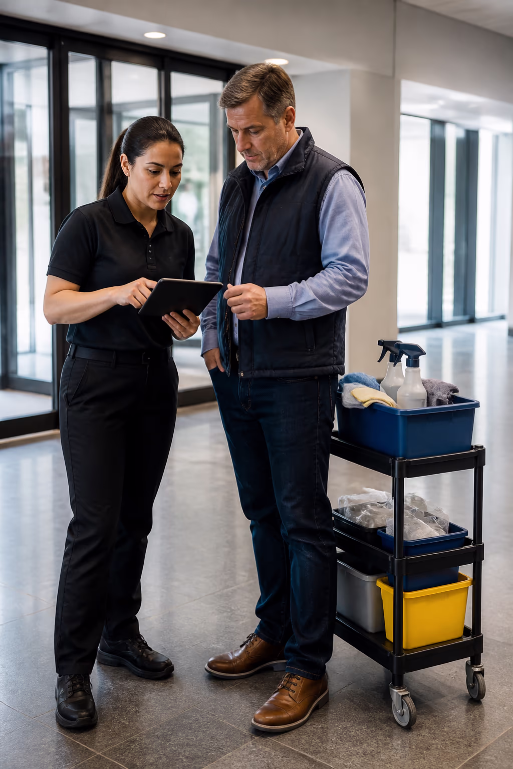 An account manager and a building facilities manager reviewing a digital service level agreement and QR-code inspection checklist on a tablet in a bright Ottawa office lobby, with a colour-coded janitorial supply cart nearby.