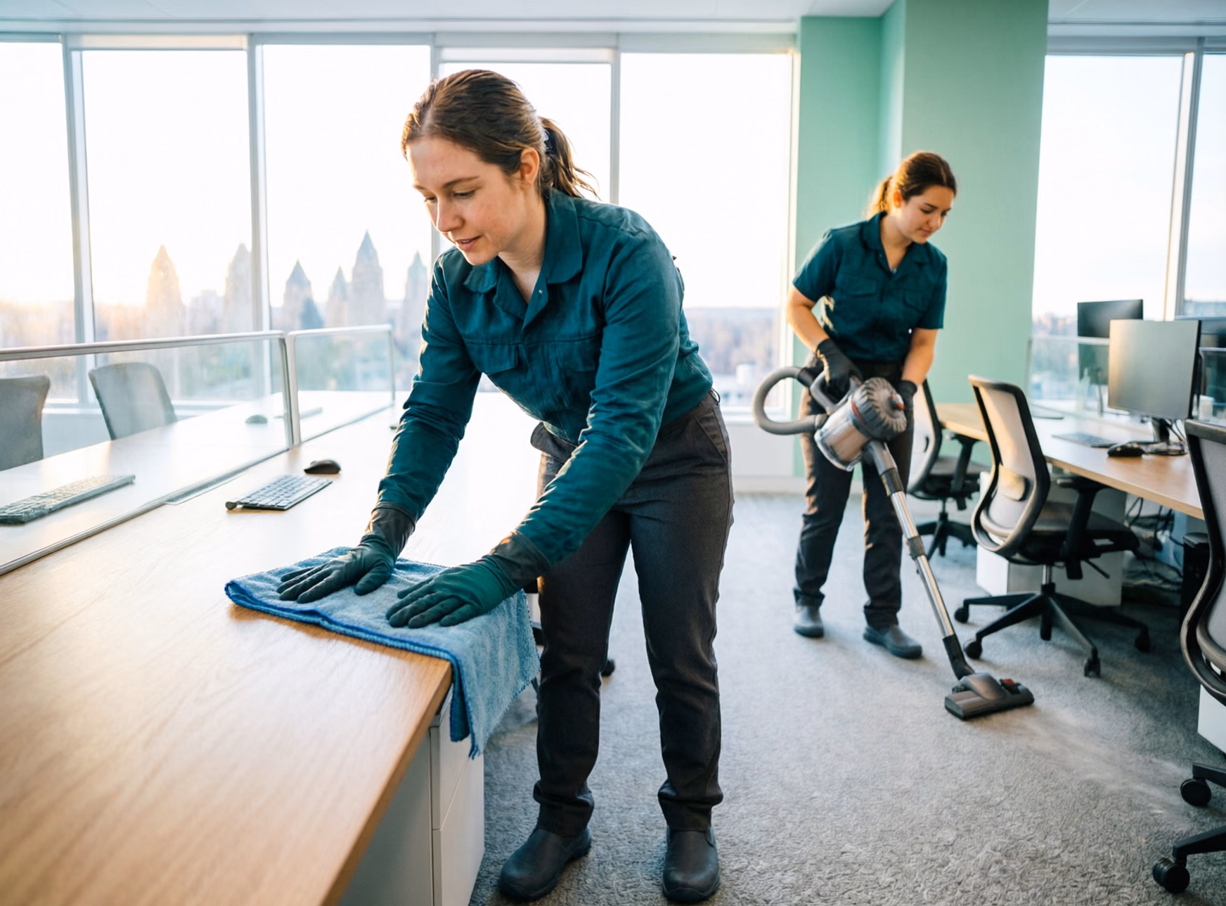 A professional commercial cleaning team in uniform working through an open-plan office in Ottawa, wiping workstations and vacuuming carpet during an after-hours service.
