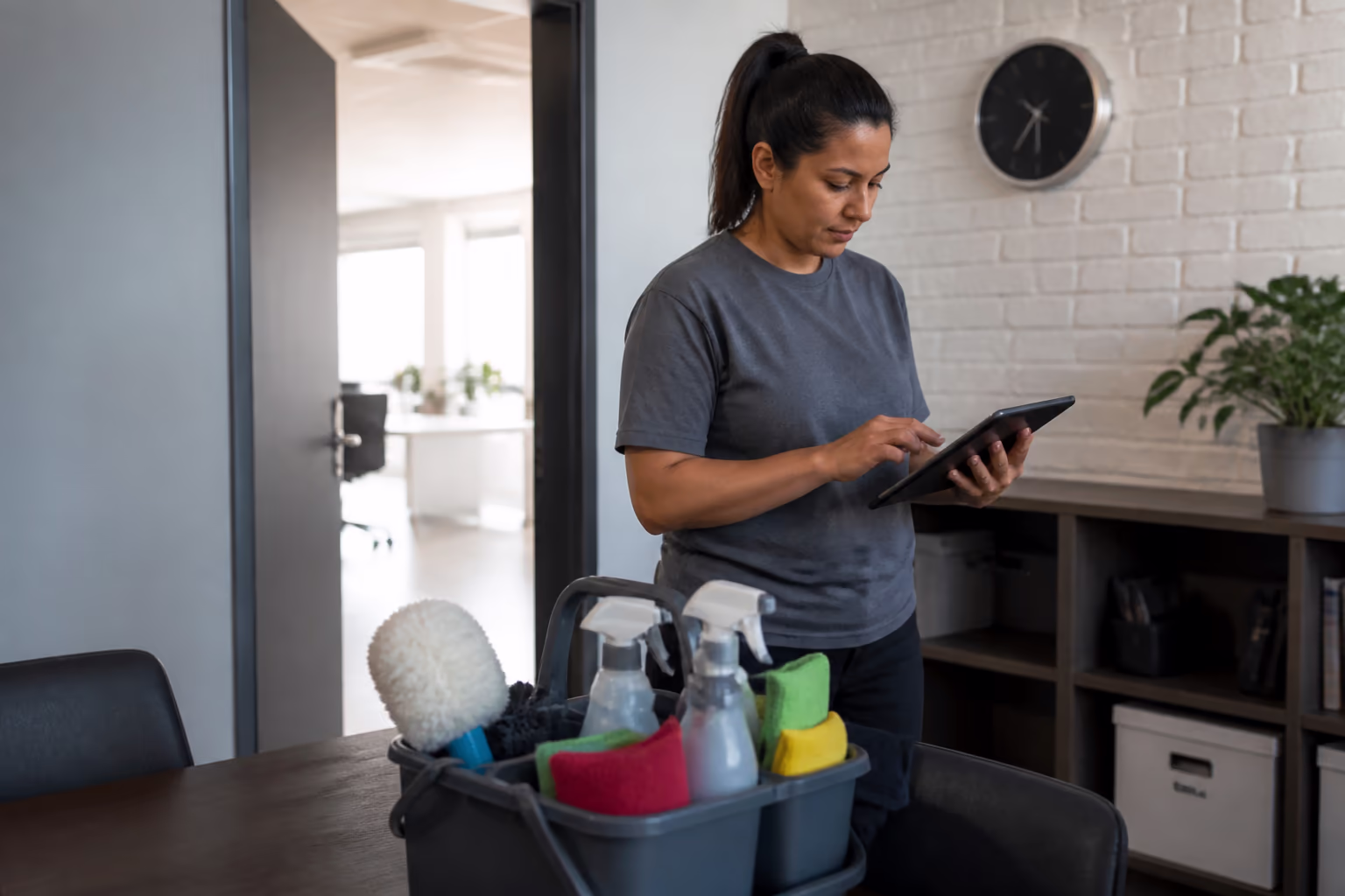 Cleaning technicians reviewing a digital cleaning checklist beside a colour-coded supply caddy before an office cleaning visit in Ottawa.