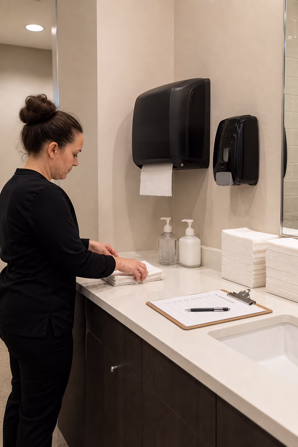 A neat washroom supply station in an Ottawa office with paper towel, soap and hand sanitizer dispensers restocked and a checklist signed beside it, ready for the morning.