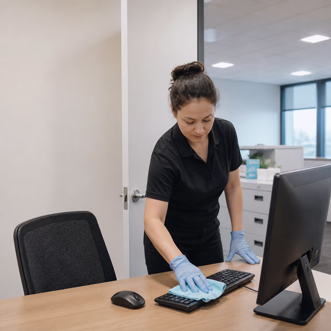 A professional cleaner in uniform disinfecting a keyboard, mouse and door handle at an empty workstation in an Ottawa office to stop germs spreading between desks.