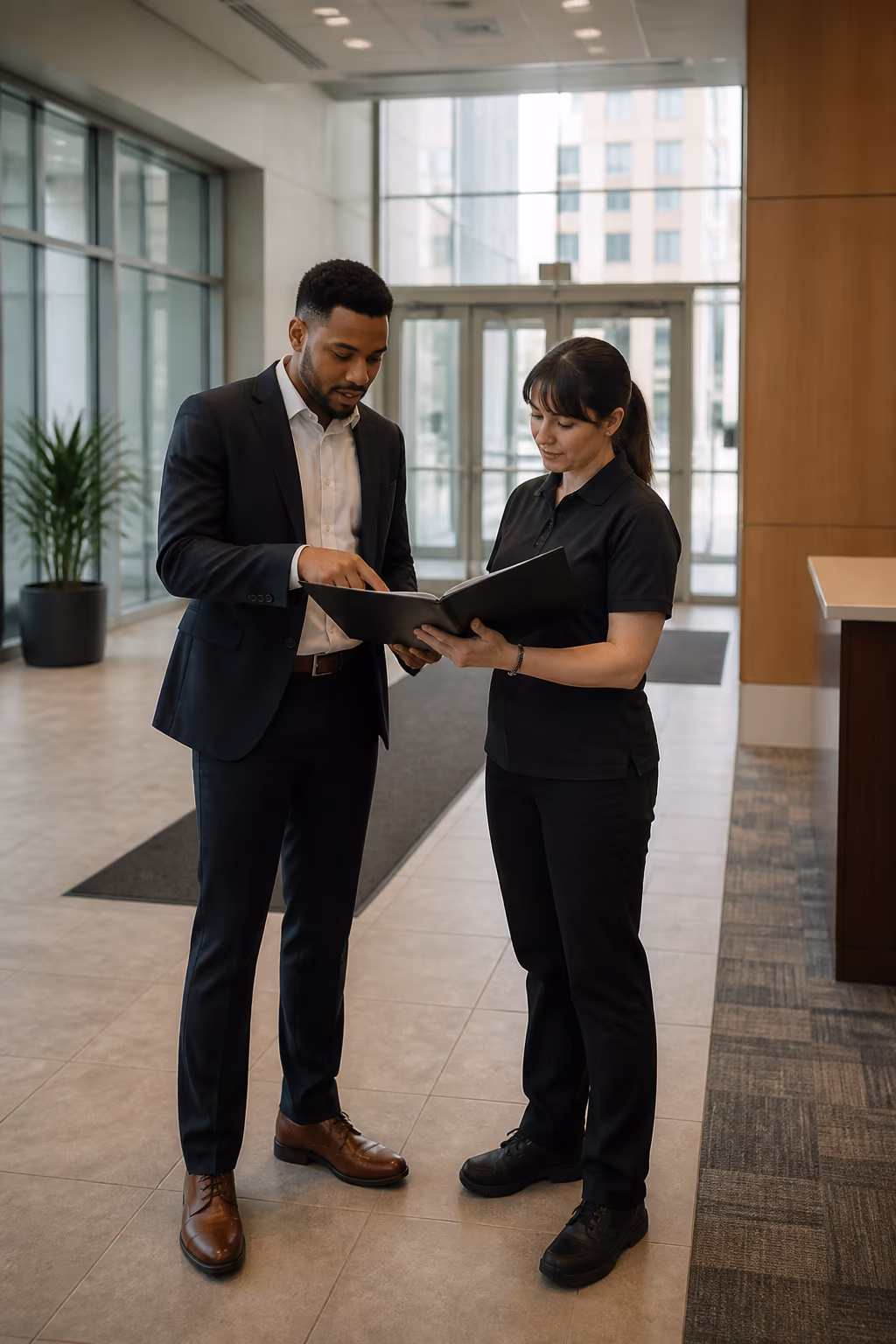 An account manager reviewing a commercial office cleaning schedule with a building manager in a bright Ottawa lobby.