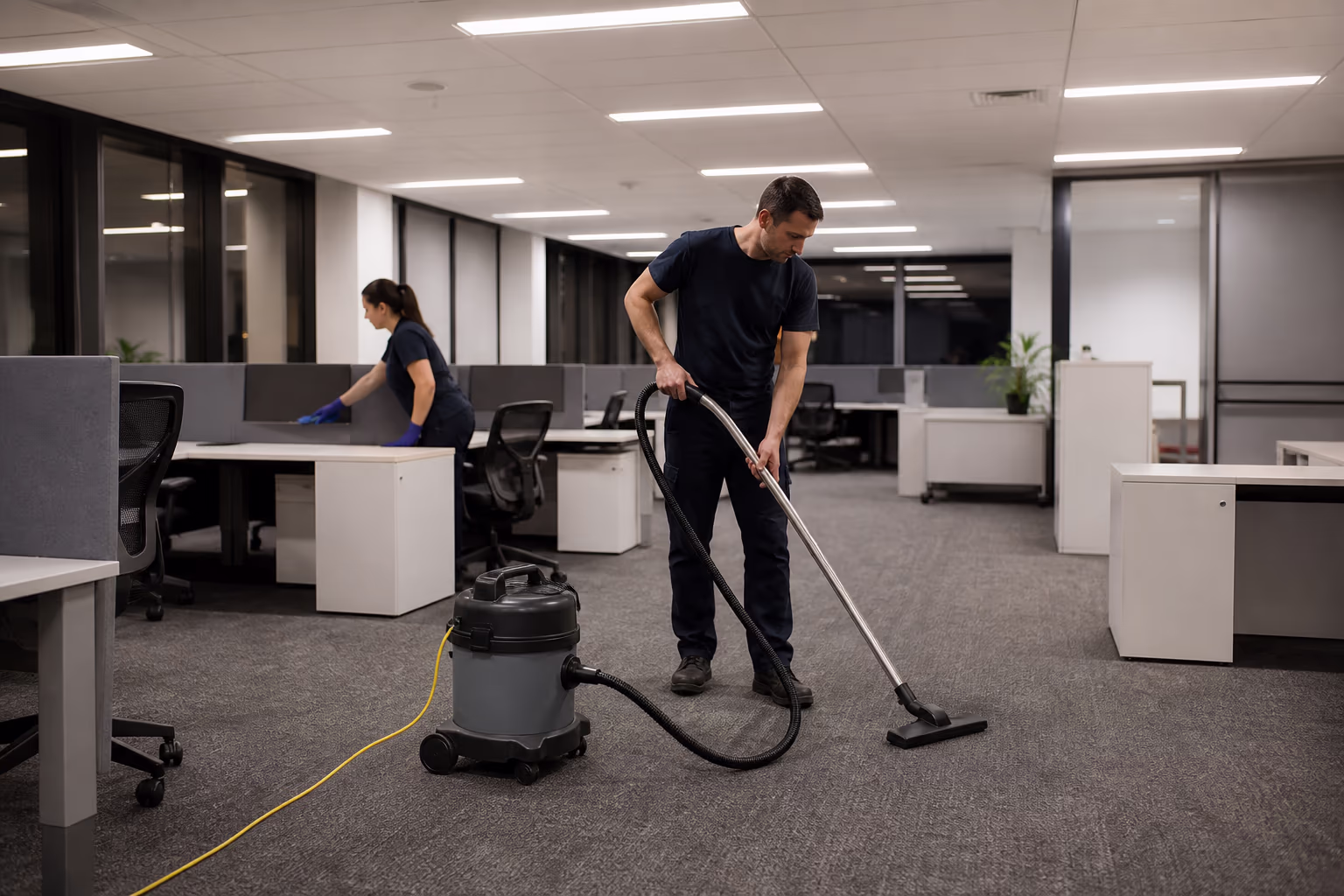 A professional commercial cleaning team in uniform working through an open-plan office in Ottawa, wiping workstations and vacuuming carpet during an after-hours service.