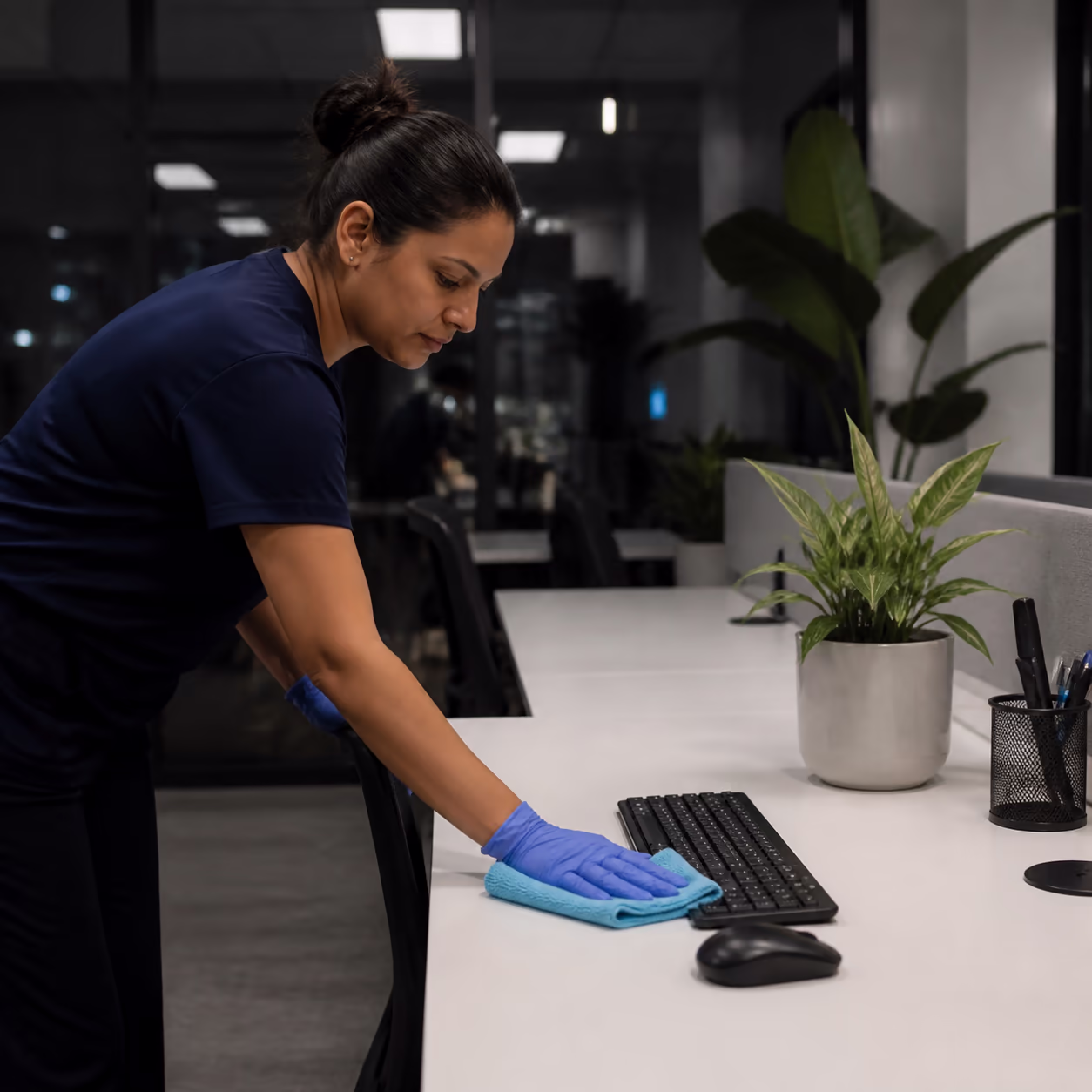 An after-hours office cleaner disinfecting a keyboard, mouse and shared desk in a quiet downtown Ottawa office.