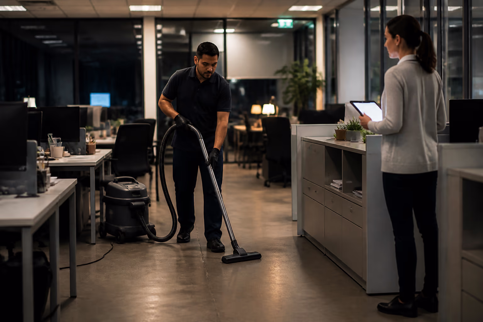 A night janitor running a HEPA backpack vacuum between office desks while an account manager checks a digital quality audit.