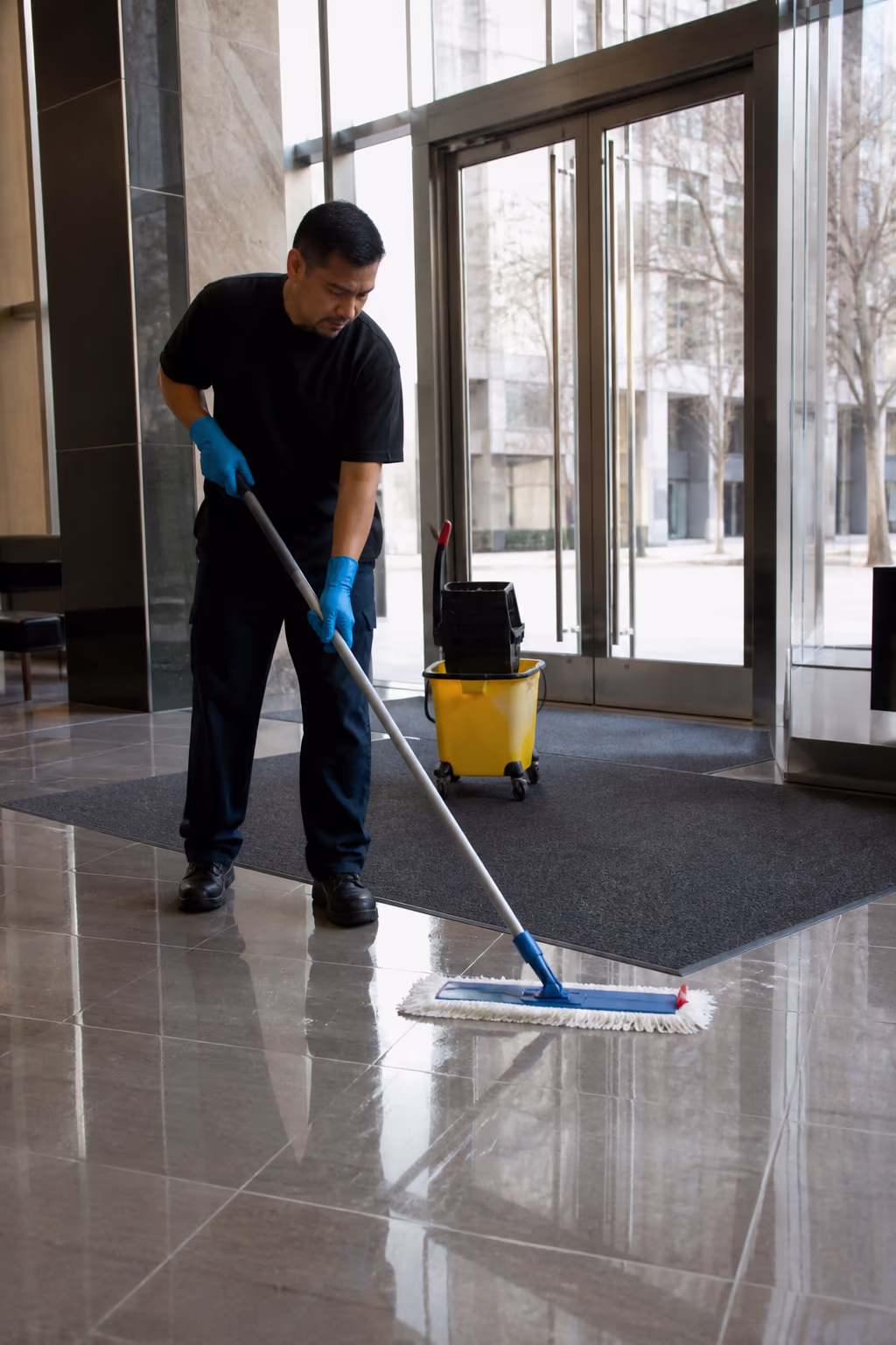 An office cleaner mopping a lobby floor with a pH-neutral rinse to protect it from winter de-icing salt in an Ottawa office tower.