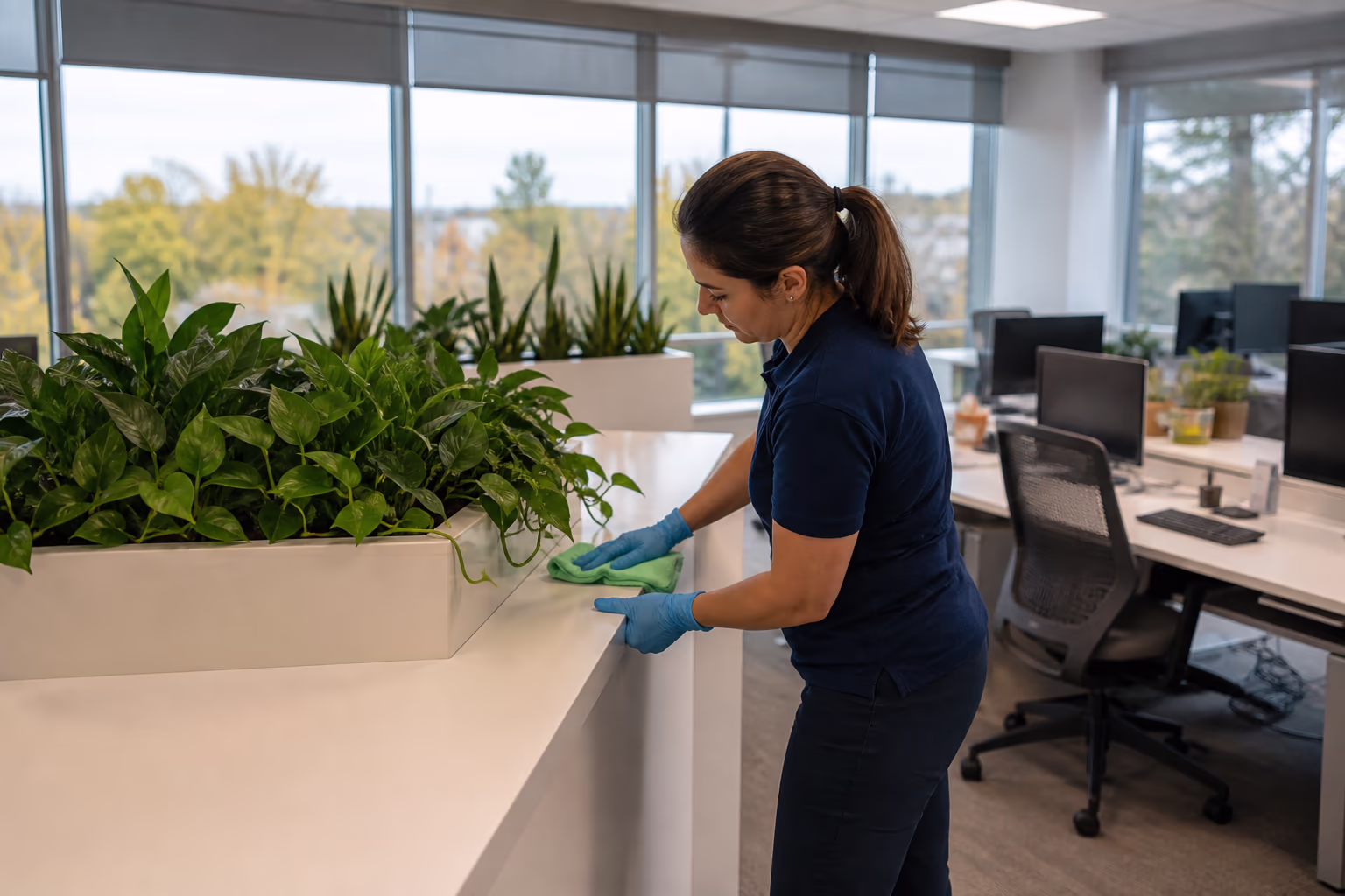 Cleaning technicians servicing a plant-filled open-plan office in Ottawa, wiping desks and dusting planters around workstations.