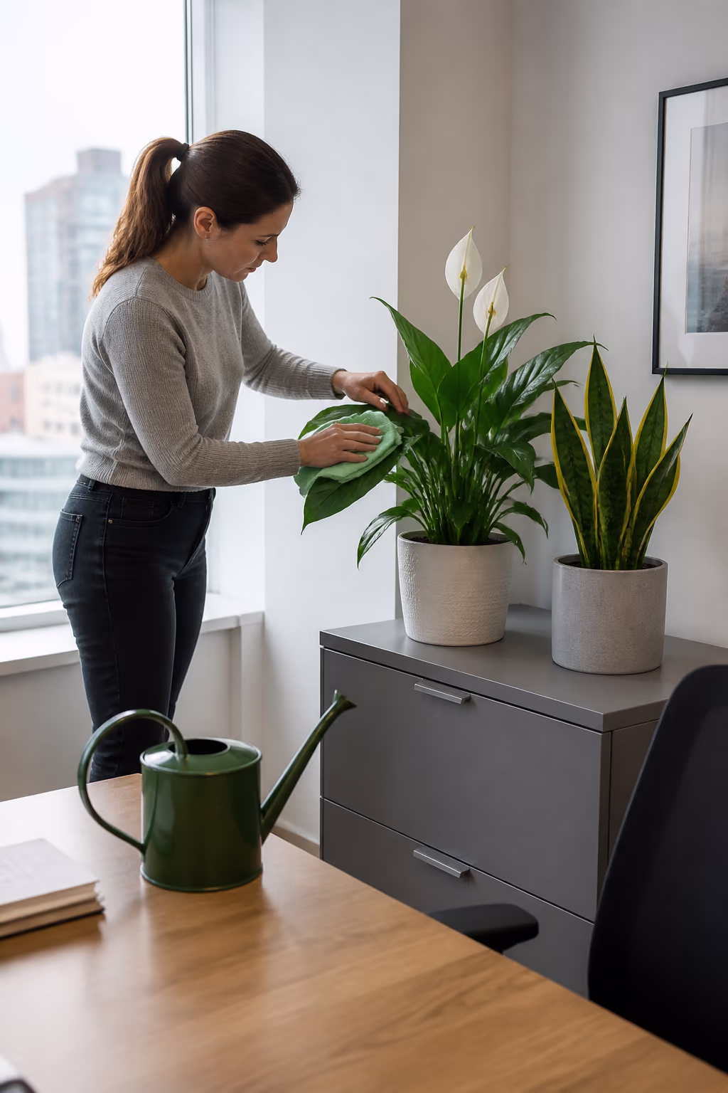 A calm Ottawa office corner with a Peace Lily and a Snake Plant on a filing cabinet beside a clean desk, a microfibre cloth and a watering can nearby.