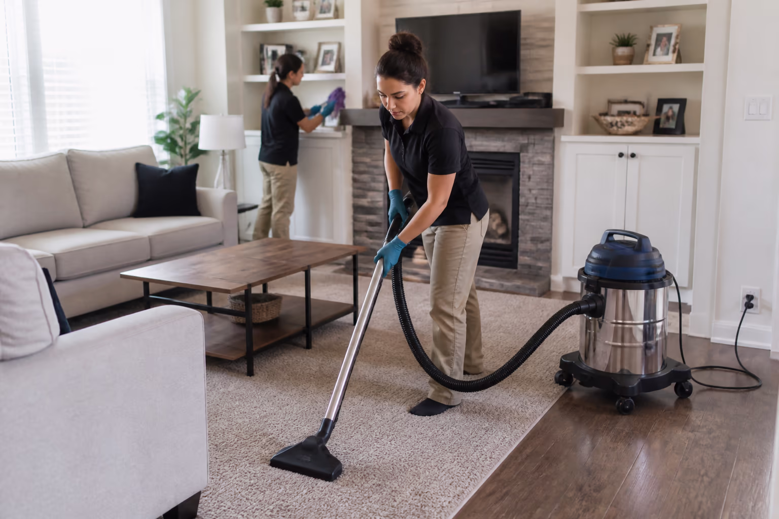 A professional cleaner running a commercial-grade sealed HEPA vacuum across a carpeted living-room floor while a second cleaner dusts a bookshelf behind, in a bright Ottawa home.