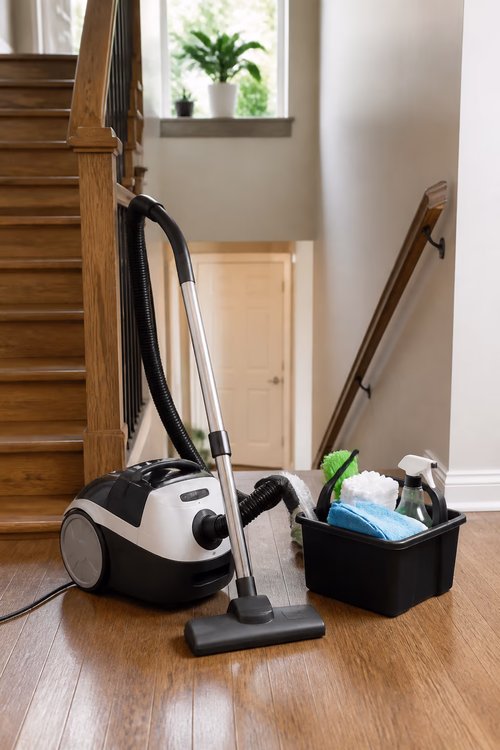 A sealed HEPA canister vacuum parked on a stair landing beside an allergen-safe cleaning caddy in an Ottawa home, ready for a twice-weekly allergy-focused clean.