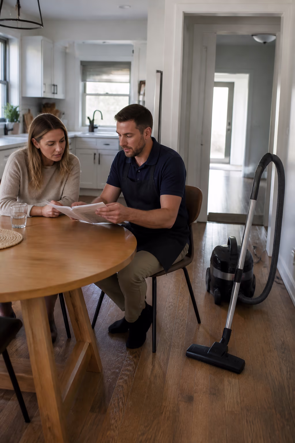 A cleaner in an apron reviewing an allergen-safe cleaning schedule with a homeowner by a kitchen table, a canister HEPA vacuum standing near the doorway.