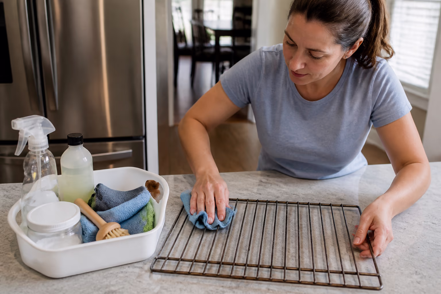 A cleaner's caddy beside a spray bottle and folded microfibre cloths, the tools used to soften and lift baked-on grease from an oven rack.