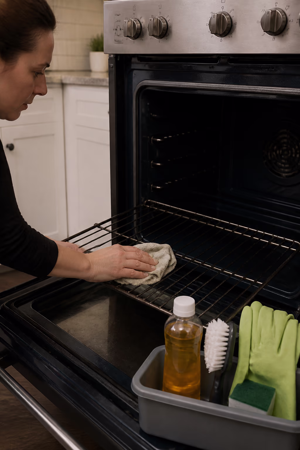 A technician's caddy with rubber gloves, a nylon brush, a non-scratch sponge and a bottle of citrus degreaser, the tools for an oven-rack soak restoration.