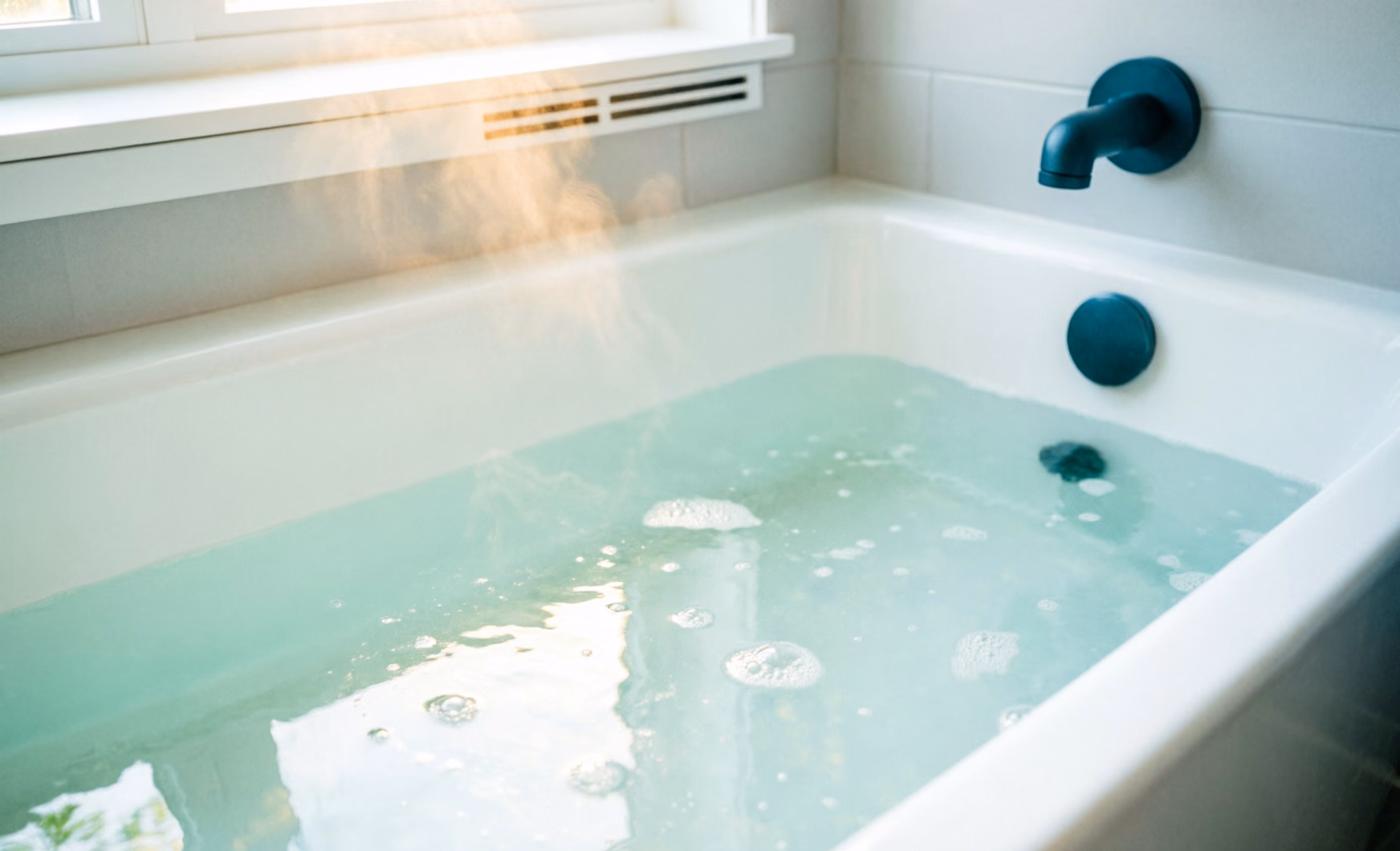 An oven rack laid flat on old bath towels in a warm bathtub soak, the softened carbonized grease lifting from the chrome plating ahead of a gentle rinse.
