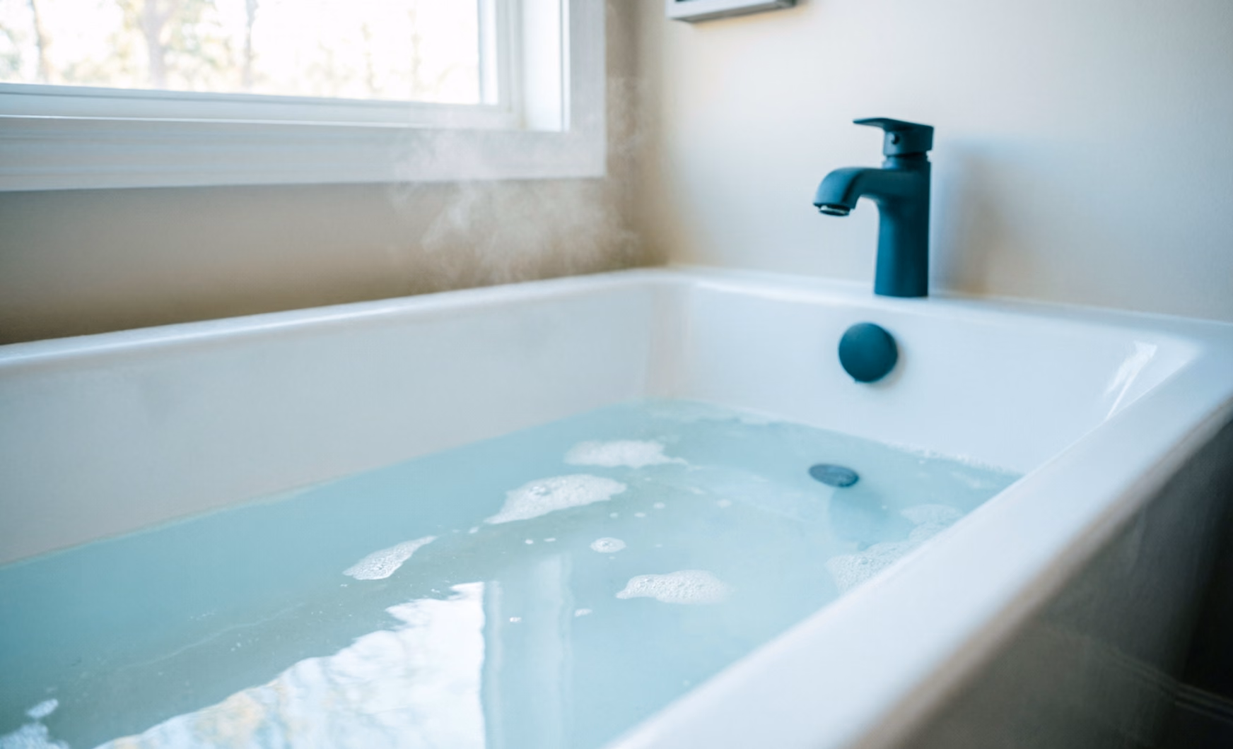A close-up of an oven rack resting flat on old bath towels in a warm bathtub soak, the softened carbonized grease beginning to lift from the chrome plating.