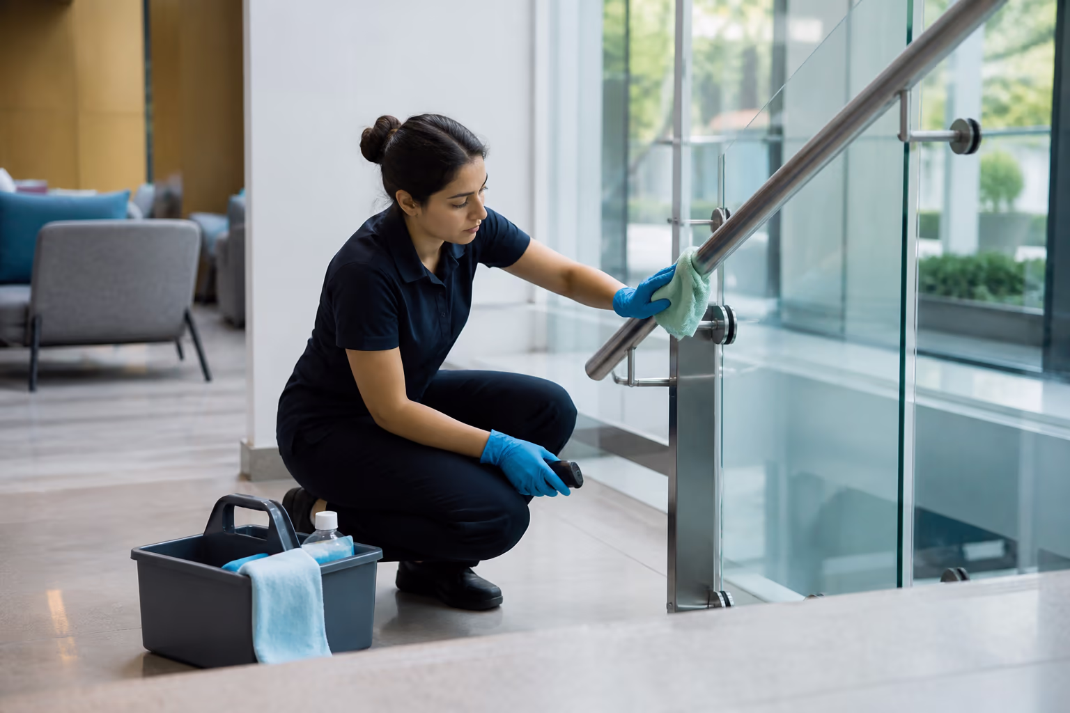 A uniformed commercial cleaning team standing in a bright office lobby with a supply caddy, ready to service a Canadian commercial building.