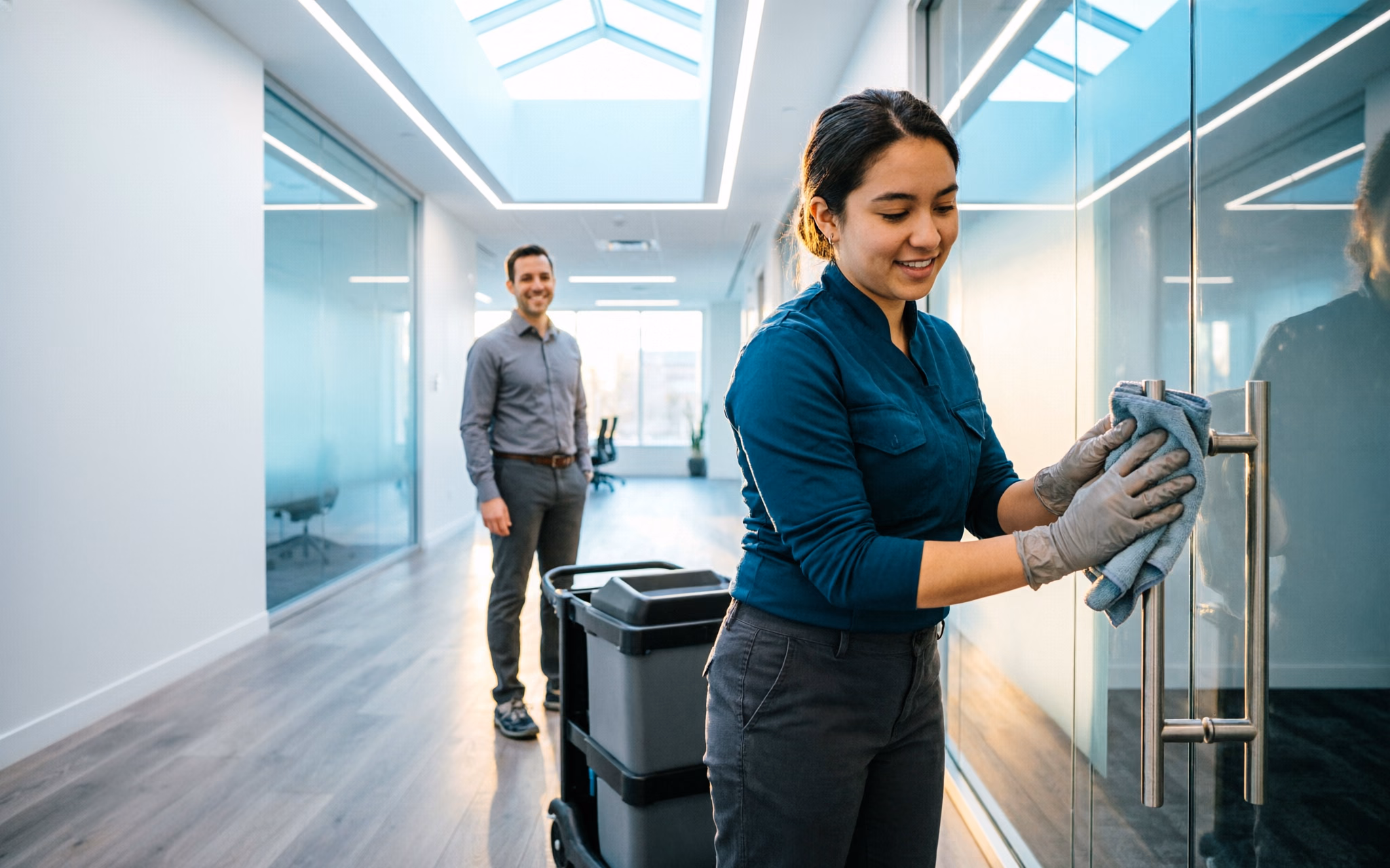 Two professional commercial cleaners in green uniforms wiping a shared desk and mopping the floor of an open-plan office during an after-hours cleaning visit in Ottawa.