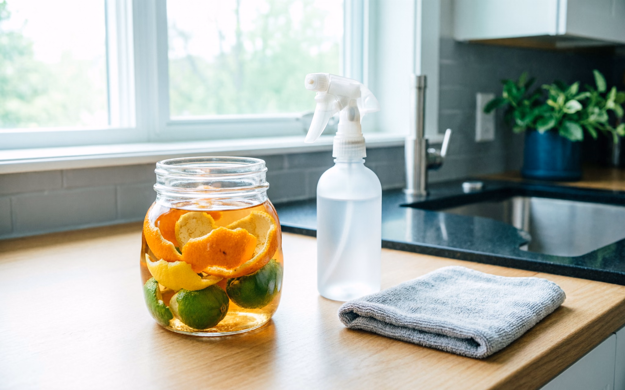 A cleaner holding a spray bottle and a microfibre cloth in a bright room, ready to wipe a surface.