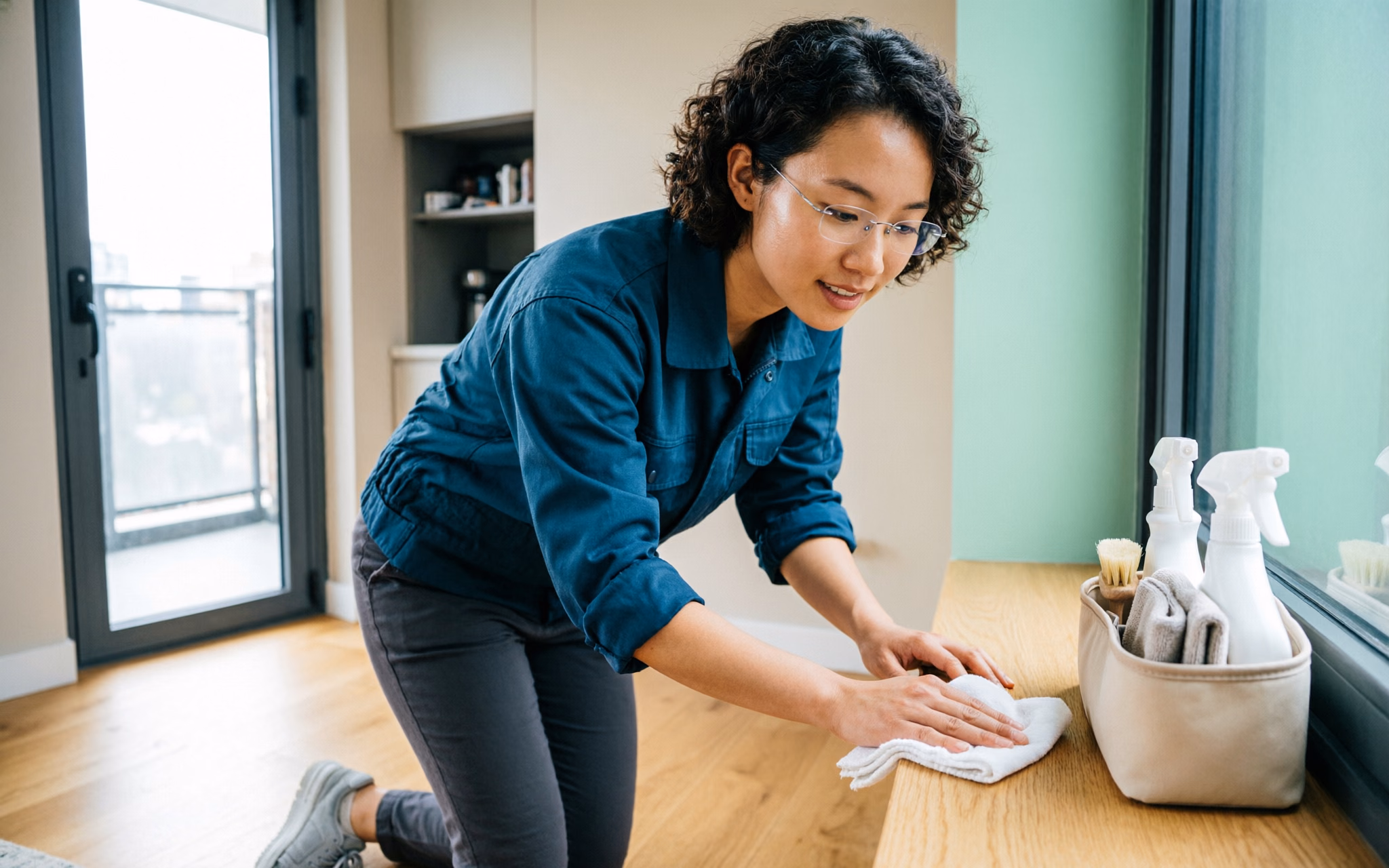 A professional cleaner in an apron and gloves spraying a cleaner on a compact Ottawa condo kitchen backsplash, with a caddy of cloths and the tidy living area visible behind.