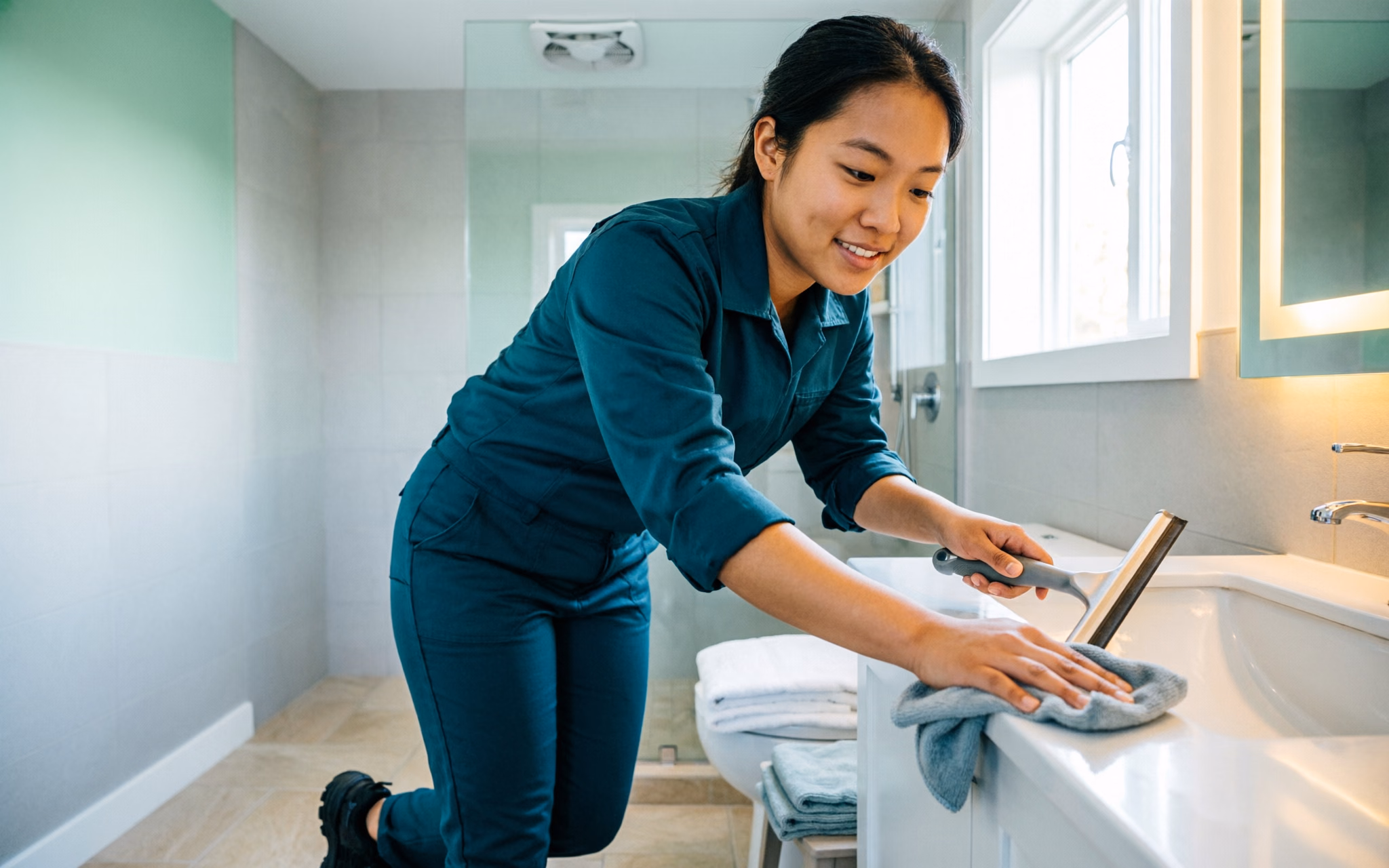 A residential cleaner in a bright Ottawa bathroom holding a spray bottle and microfibre cloth, wiping a vanity counter during a weekly home cleaning visit.